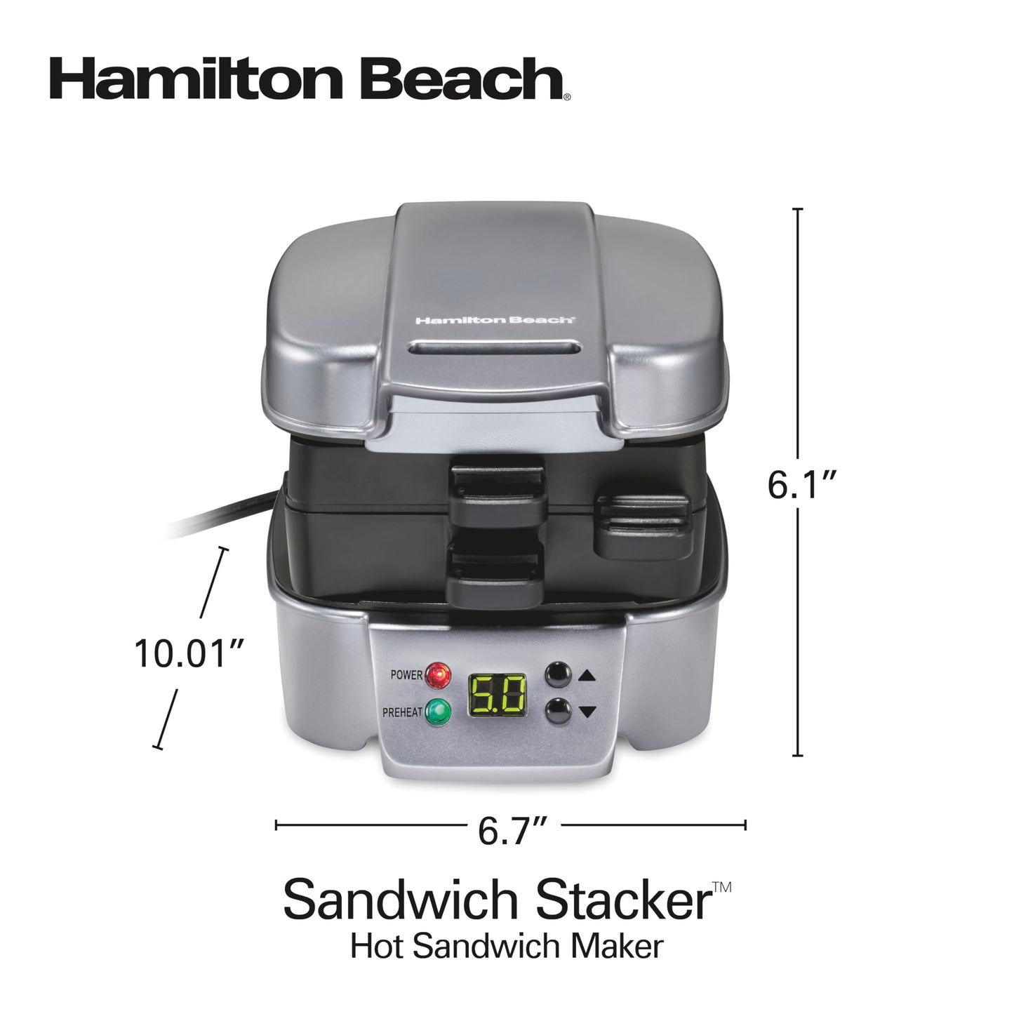 Hamilton Beach Sandwich Stacker Customizable Hot Sandwich Maker, 24 Sq. In. Non-Stick PFAS-Free Cooking Surfaces, Built-In Timer, Compact, Dishwasher-Safe, Silver (25471)