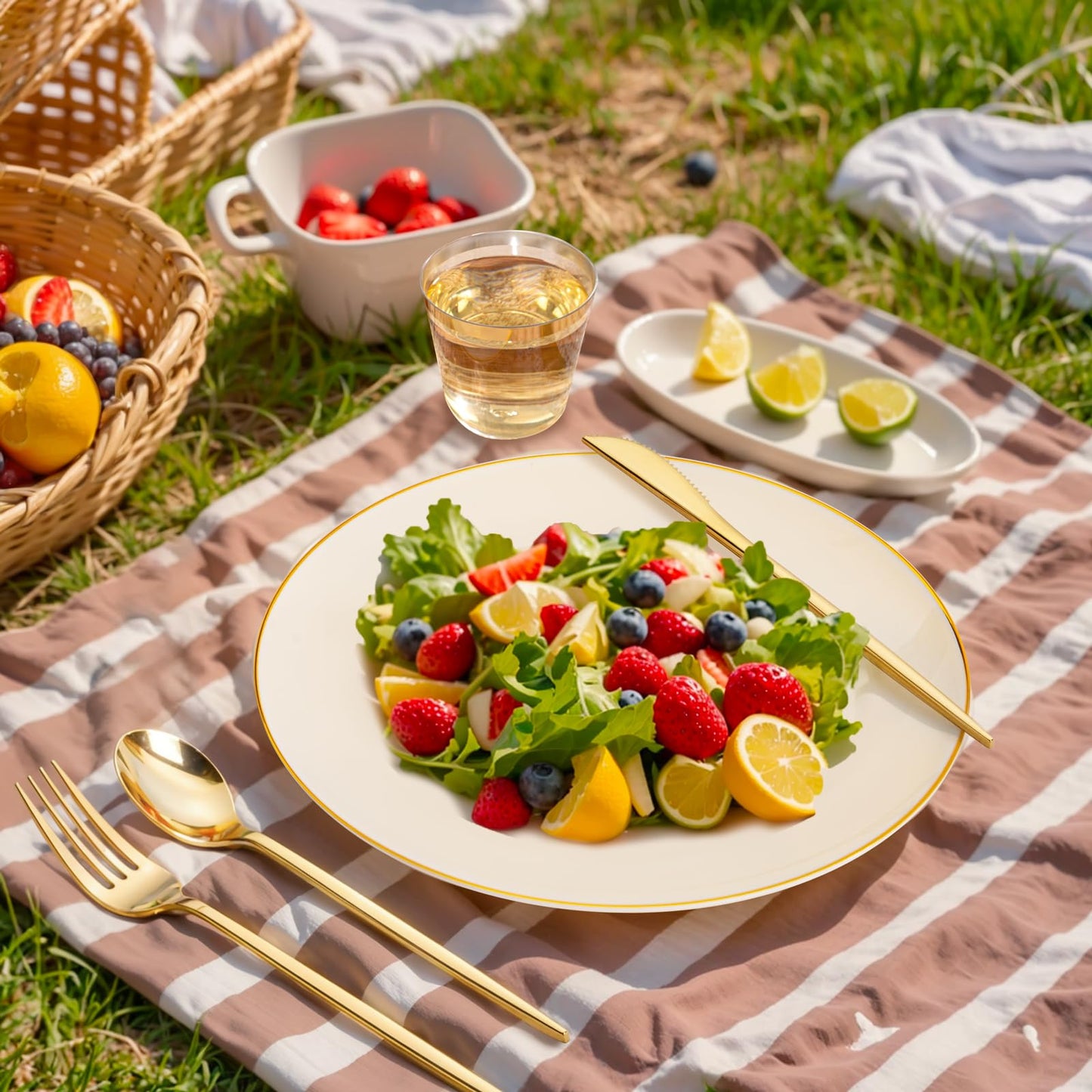 bUCLA 150PCS Ivory Plastic Plates with Gold Trim - Heavy Duty Cream Plastic Disposable for Party & Wedding - Include 25 Each(Dinner & Dessert) Plates, 25 Knives, 25 Forks, 25 Spoons & 25 Cups