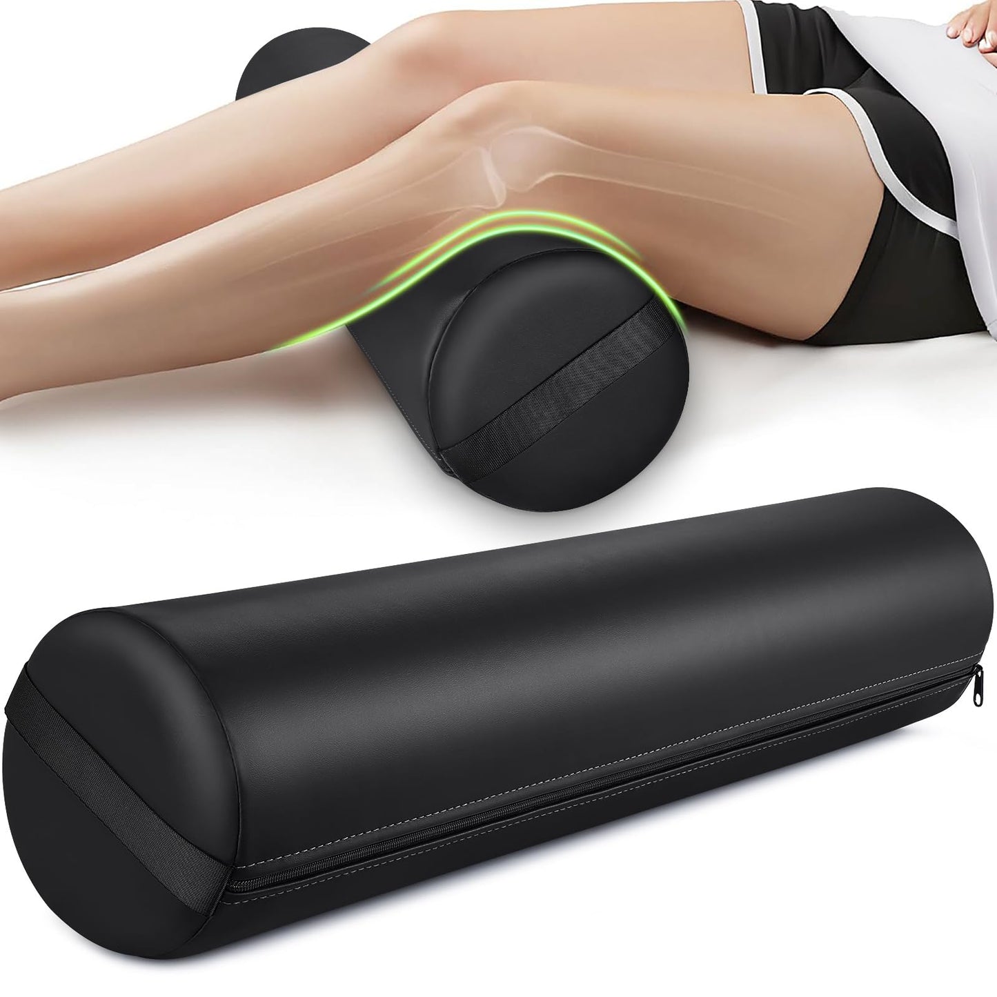 Noverlife Full Round Bolster Pillow for Legs, 26 x 6 inch PU Leather Bolster for Massage Table with Strap Handle Under Knee Pillow, Under Back Ankles Pain Relief Massage Table Bolster for Yoga & Spa