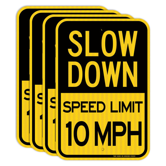 (4 Pack) Slow Down Speed Limit 10 MPH Sign, Slow Down Sign, 18" x 12" Engineer Grade Reflective Sheeting, Rust Free Aluminum, Weather Resistant, Waterproof, Fade Resistant, 2 Pre-drilled Holes