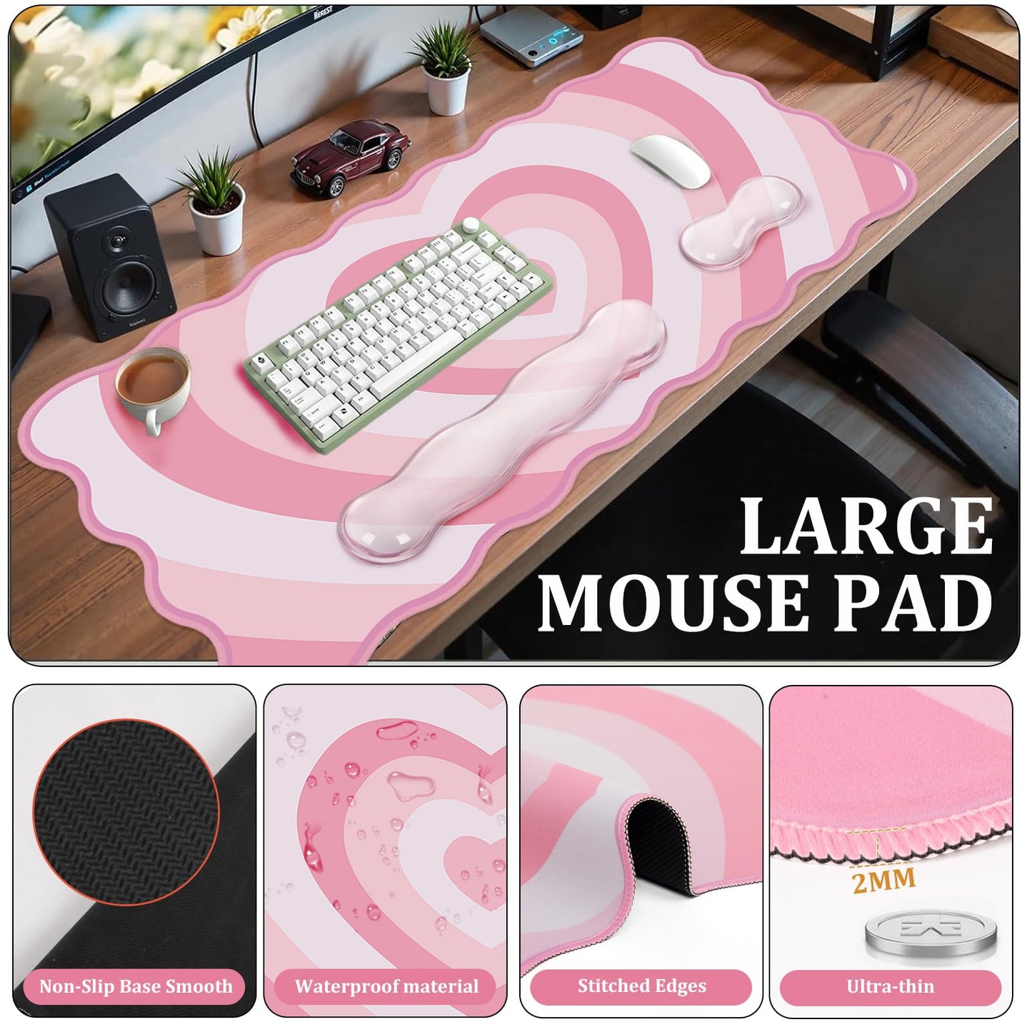 L-SPOUTTO Pink Heart Mouse Pad Set,Scalloped XXL Desk Mat + Ergonomic Mouse Wrist Rest + Gel Keyboard Wrist Rest for Keyboard 65%/75%,3in1 Large Desk Pad for Desktop Home Office Computer Game