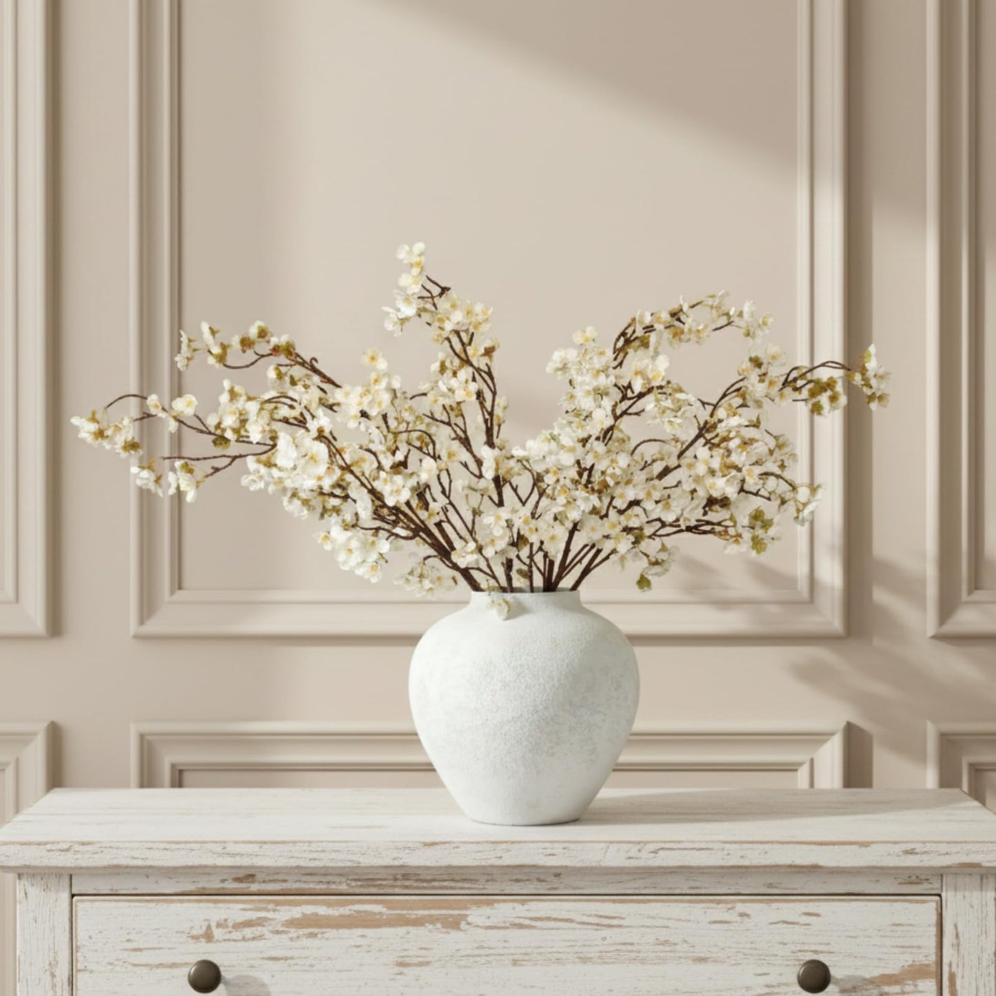 White Cherry Blossom Branches – 6 Pcs 33.5" Long Stem Artificial Flowers for Tall Vase, Premium Faux Silk Spring Decor, Realistic Fake Cherry Blossoms for Home, Wedding & Table Centerpieces
