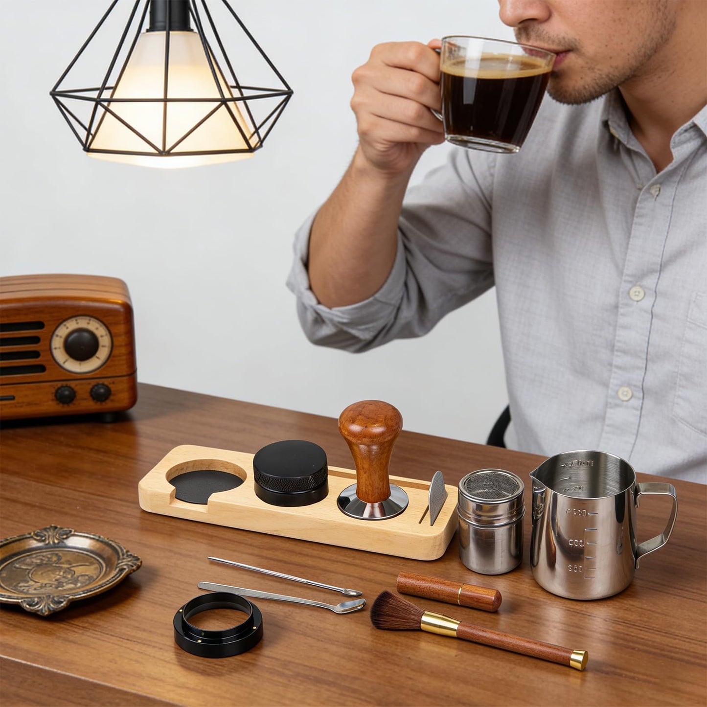 28PCS Espresso Accessories Kit,51mm Espresso Tamper Tools,Includes Wood Station,Distributor,Stirrer,Dosing Funnel,Brush,Puck Screen,Frothing Pitcher,Latte Pen,Powder Ring,Towel,Decorative Stencils