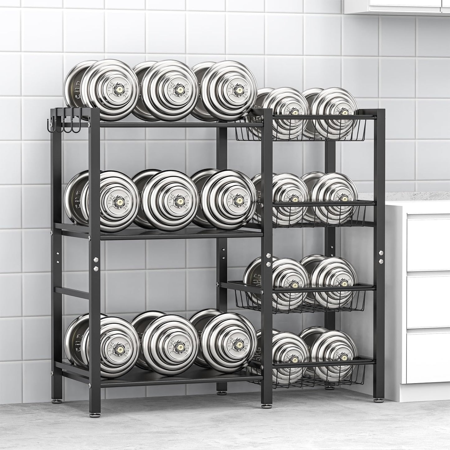 Hastatii Storage Rack Kitchen Baker's Rack - 3 Tiers 4 Baskets, Utility Coffee Bar, Air Fryer Stand with Steel Mesh Baskets