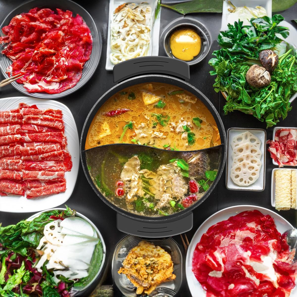 Food Party Electric Hot Pot 6L with Divider Hotpot Pot Electric Shabu Shabu Pot 110V 1200W PFOA FREE Non-Stick Chinese Hot Pot 5-Level Temperature Control
