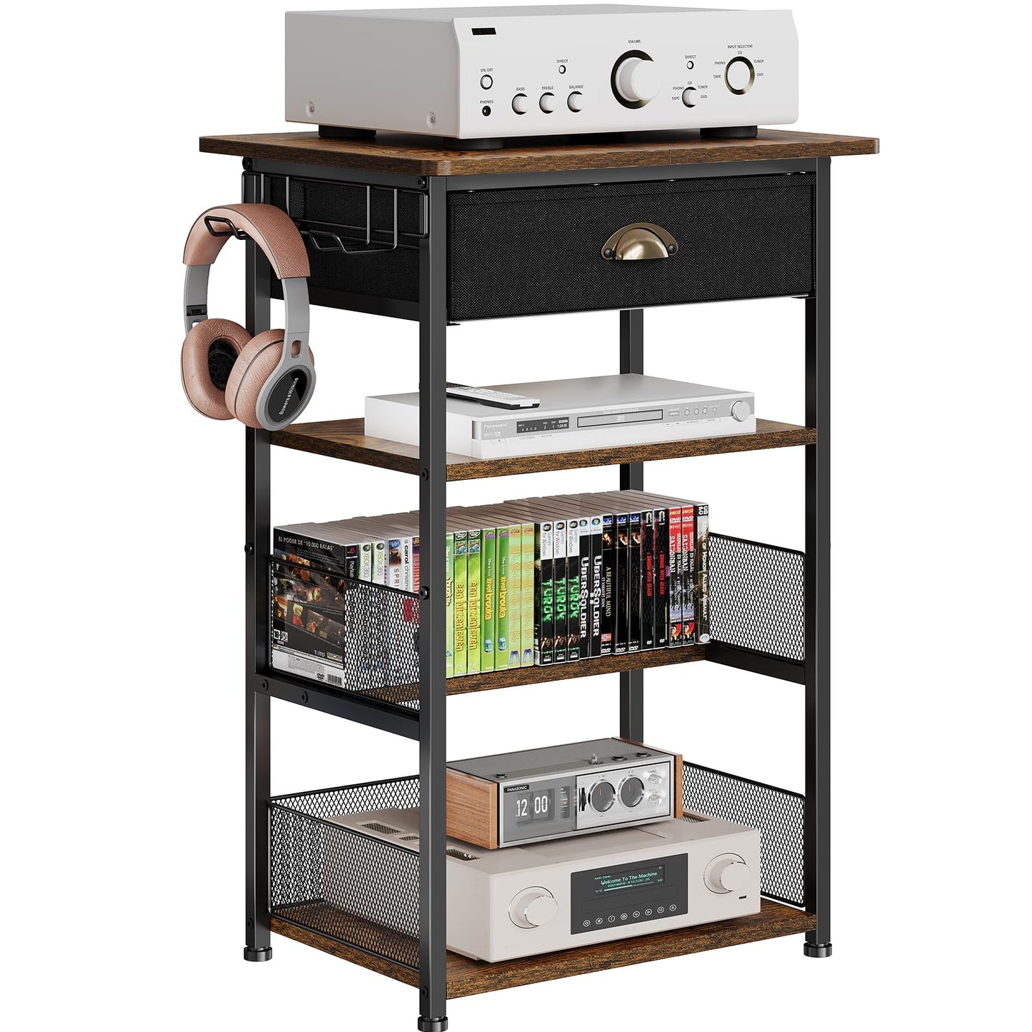 Hongtamoya 4-Tier AV Media Stand with Drawer, Video Game Console Shelf with 2 Hooks, Audio Rack Tower Perfect for/Xbox/ PS5/Switch/Game Consoles/DVD/Record Player/Projector/Sky Box/TV Accessories