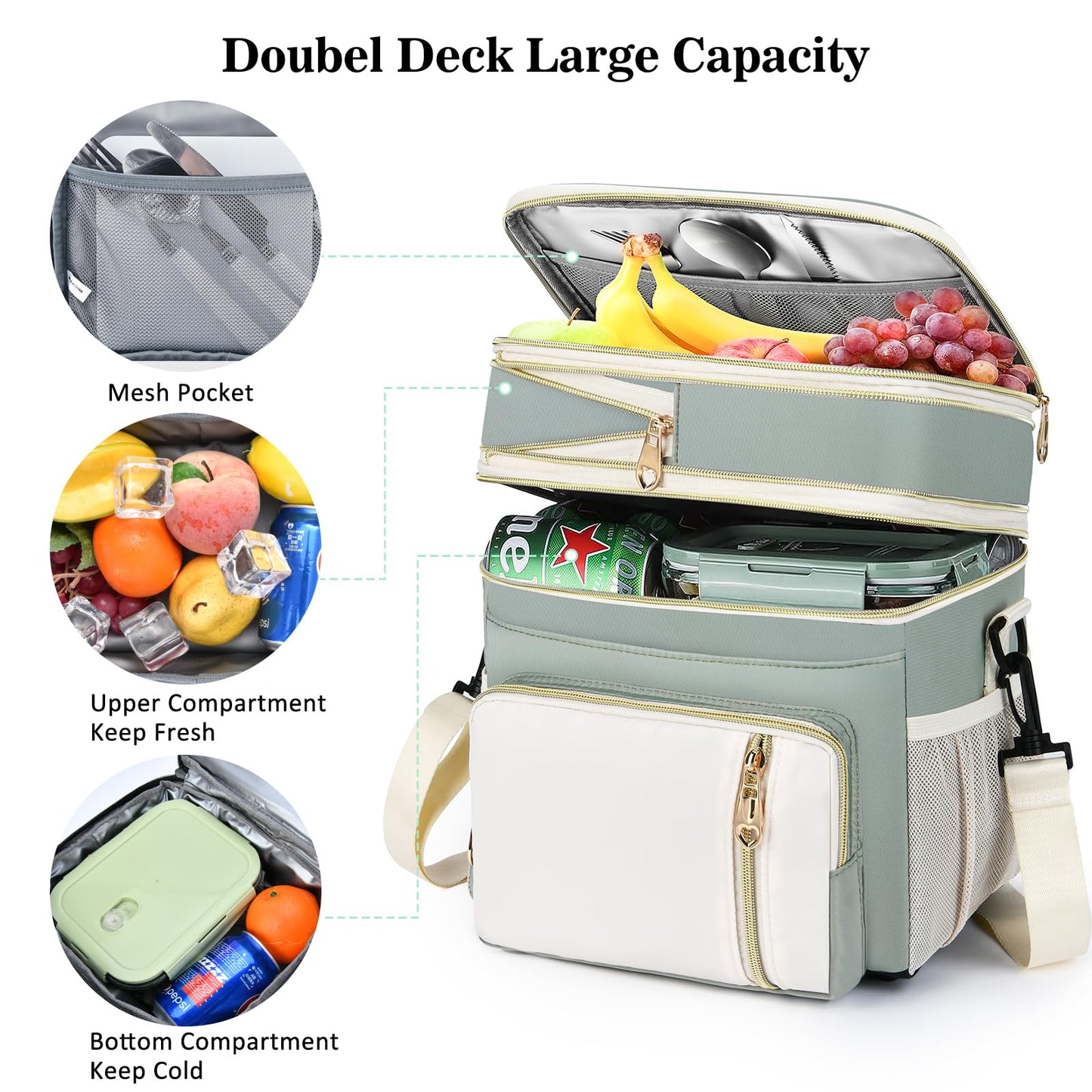 BAGNN Lunch Box for Women, Expandable Large Double Deck Insulated Lunch Bag with Strap, Lightweight Leakproof Cooler Tote Bag, Adult LunchBox for Work, Picnic, Beach & Travel, 16L, Olive Green & White