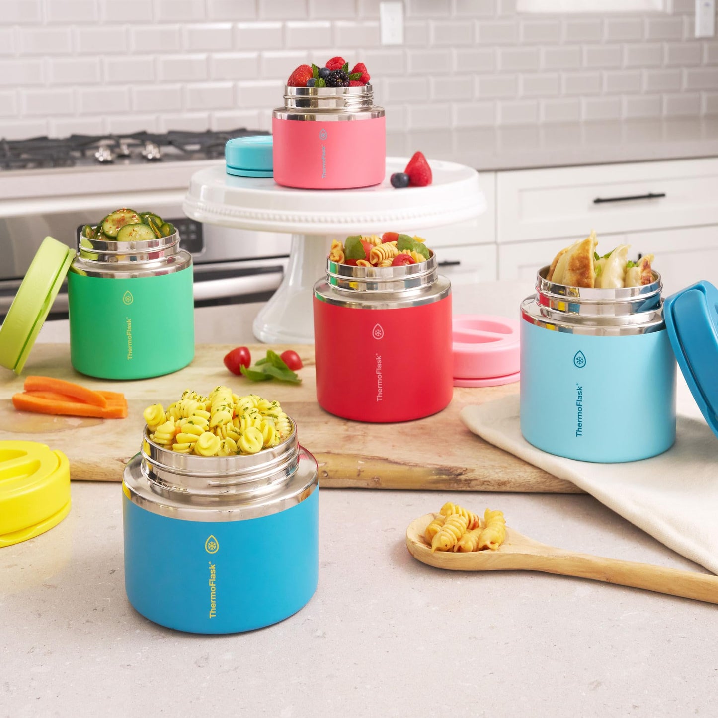 ThermoFlask 20 oz Double Wall Insulated Food Jar, 2-Pack, Sugar Coral + Maui Blue/Maui Blue + Sunrise