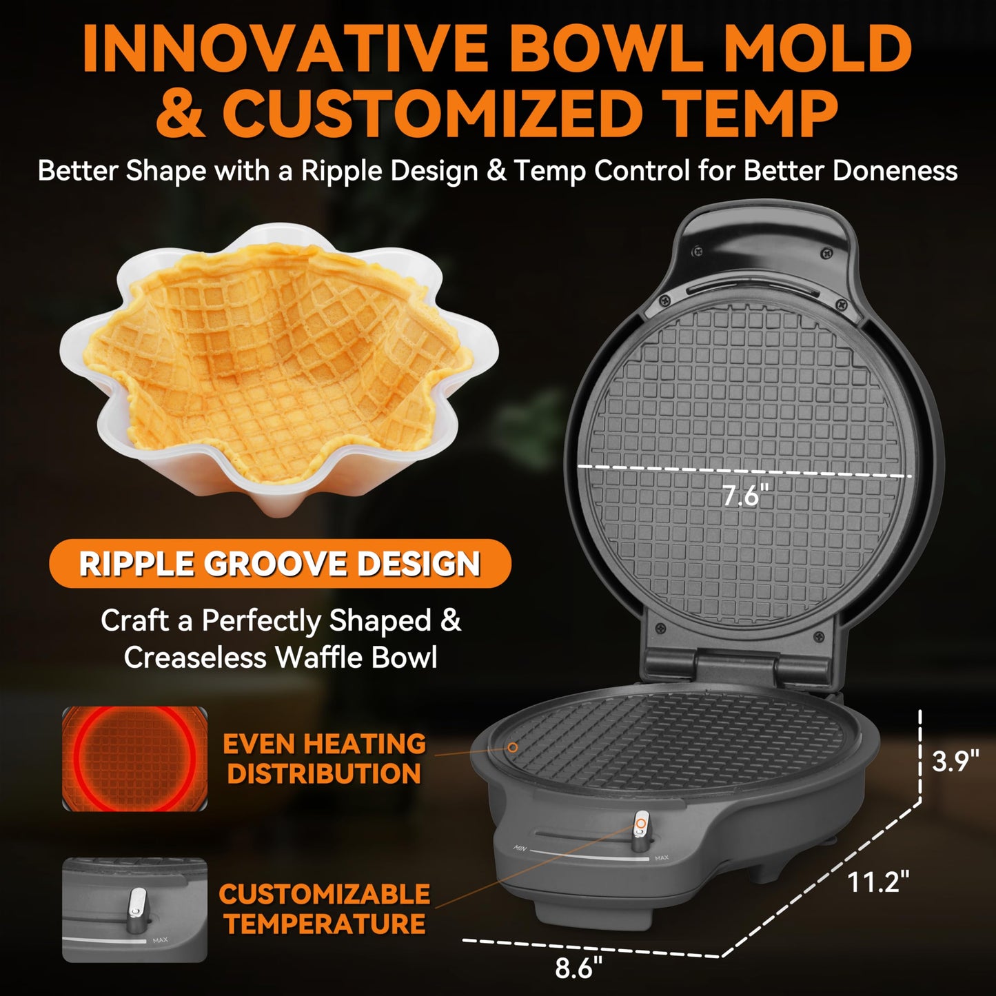 Baker's Friend Waffle Cone Maker Machine with Browning Control, 7.5” Ice Cream Cone Maker, Cone Roller & Bowl Press Included,Thin Waffle Maker Crispy, Nonstick Waffle Bowl Maker,Graphite
