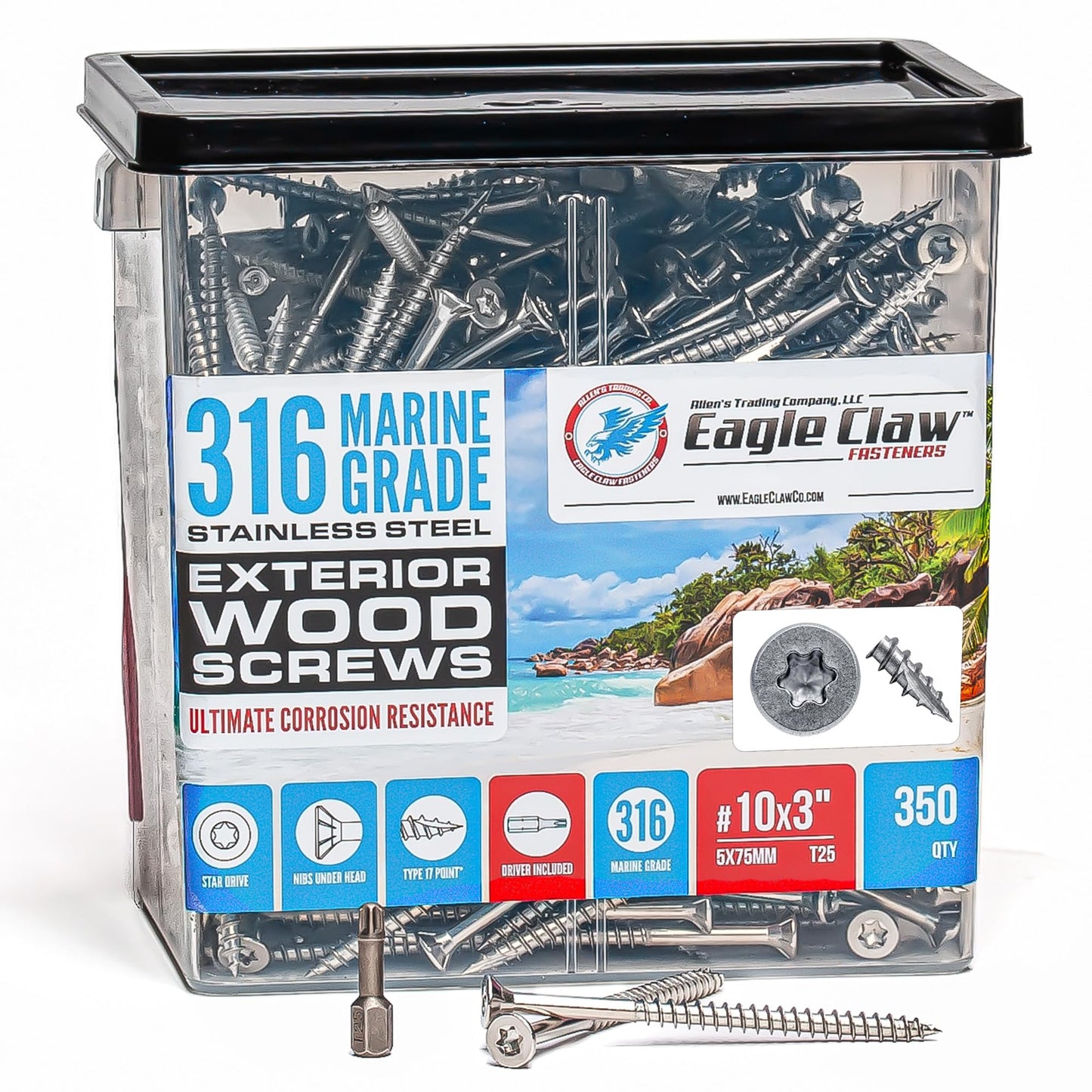 #10 x 3 Inch 316 Stainless Steel Screws Marine Grade (350 Pack, T25 Star) | Stainless Steel Wood Screws w/Driver Bit by Eagle Claw Fasteners | High Corrosion Resistance for Coastal Construction