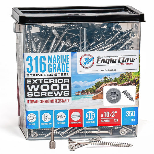 #10 x 3 Inch 316 Stainless Steel Screws Marine Grade (350 Pack, T25 Star) | Stainless Steel Wood Screws w/Driver Bit by Eagle Claw Fasteners | High Corrosion Resistance for Coastal Construction