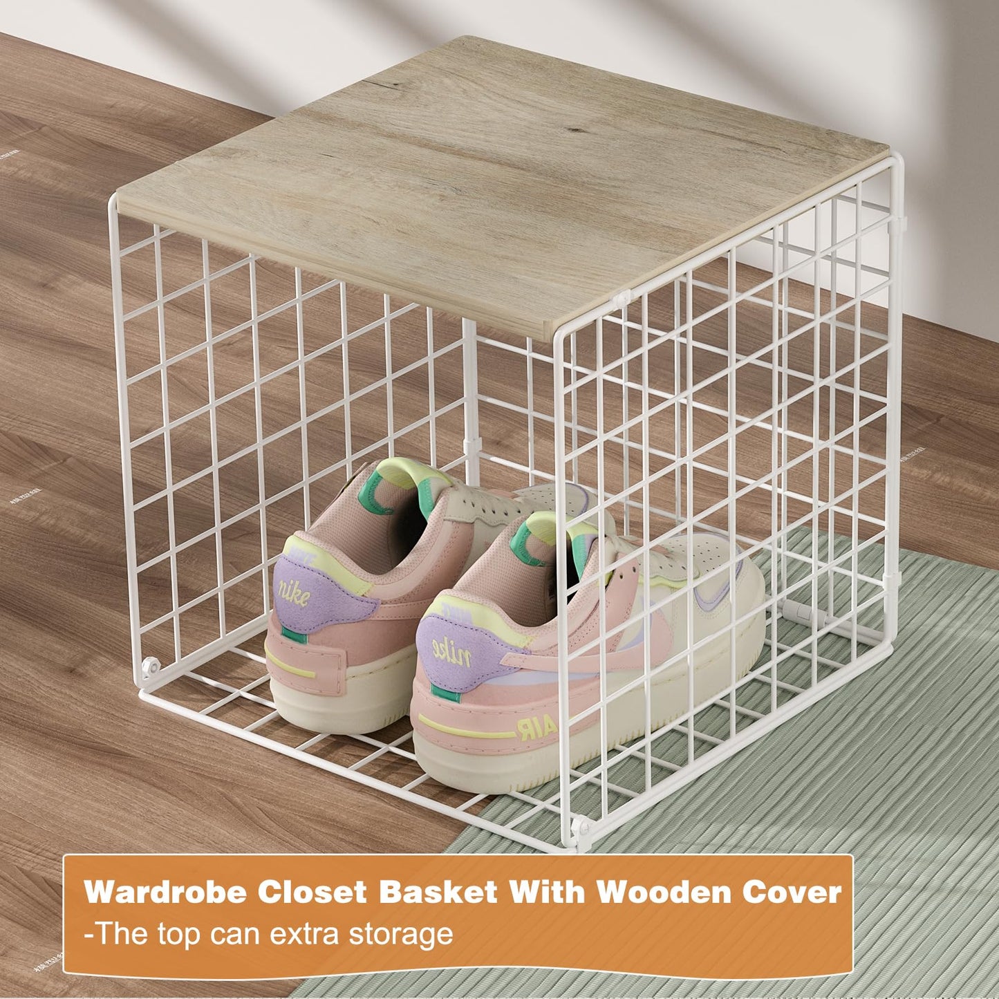 Hencawima 4 Pack Closet Organizers and Storage with Wood Top, Stackable Closet Shelf Organizer, Double Storage Design, Clothes Storage Basket/Cube Organizer for Wardrobe, Sturdy, White
