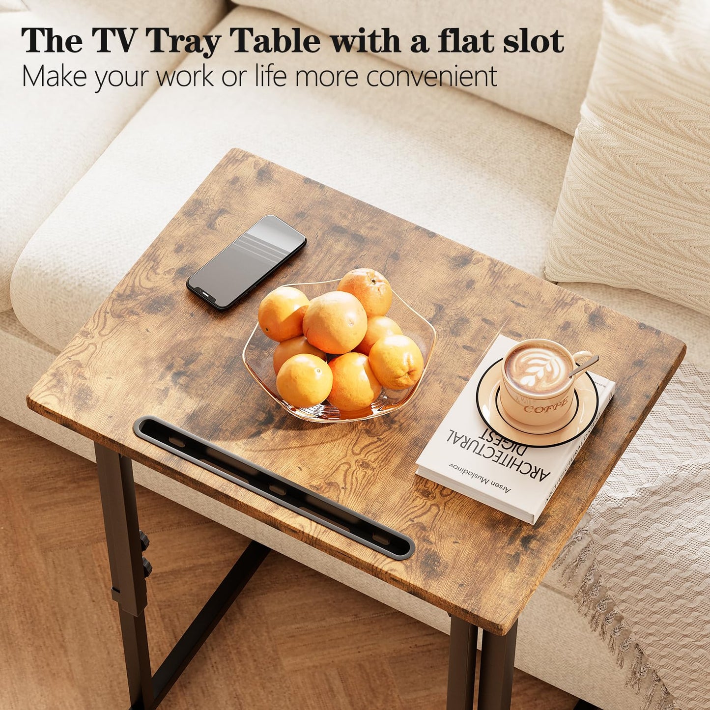 Katrawu Folding TV Tray Dinner Table for Living Room,Adjustable Height Tv Tray,Portable Dinner Snack Trays Table,Small Foldable C-Shaped End Table for Eating with No Assembly Required (Brown)