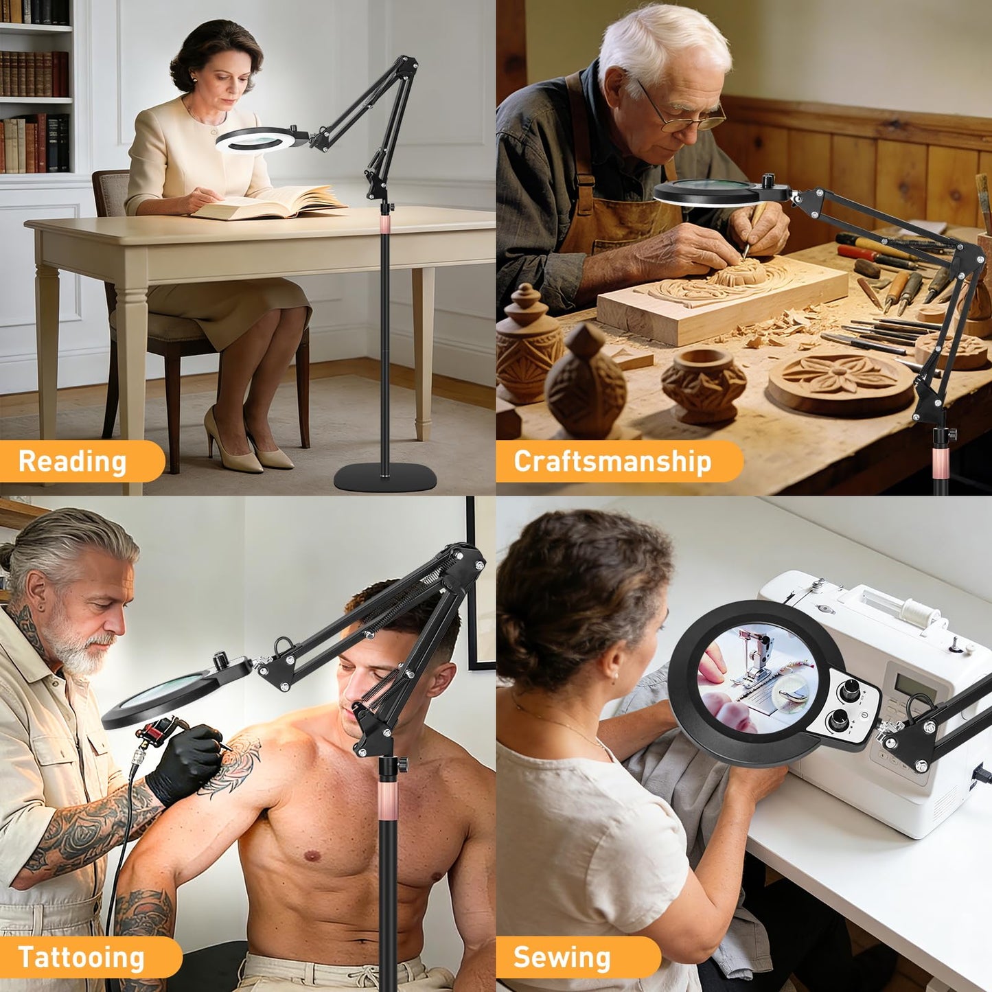 KMDES 30X 12X Magnifying Floor Lamp, 2 in 1 Magnifying Glass with Light and Stand for Craft, Repair, Sewing, Workbench, Magnifier Light Dual Knob Stepless Brightness Color Modes & Adjustable Height