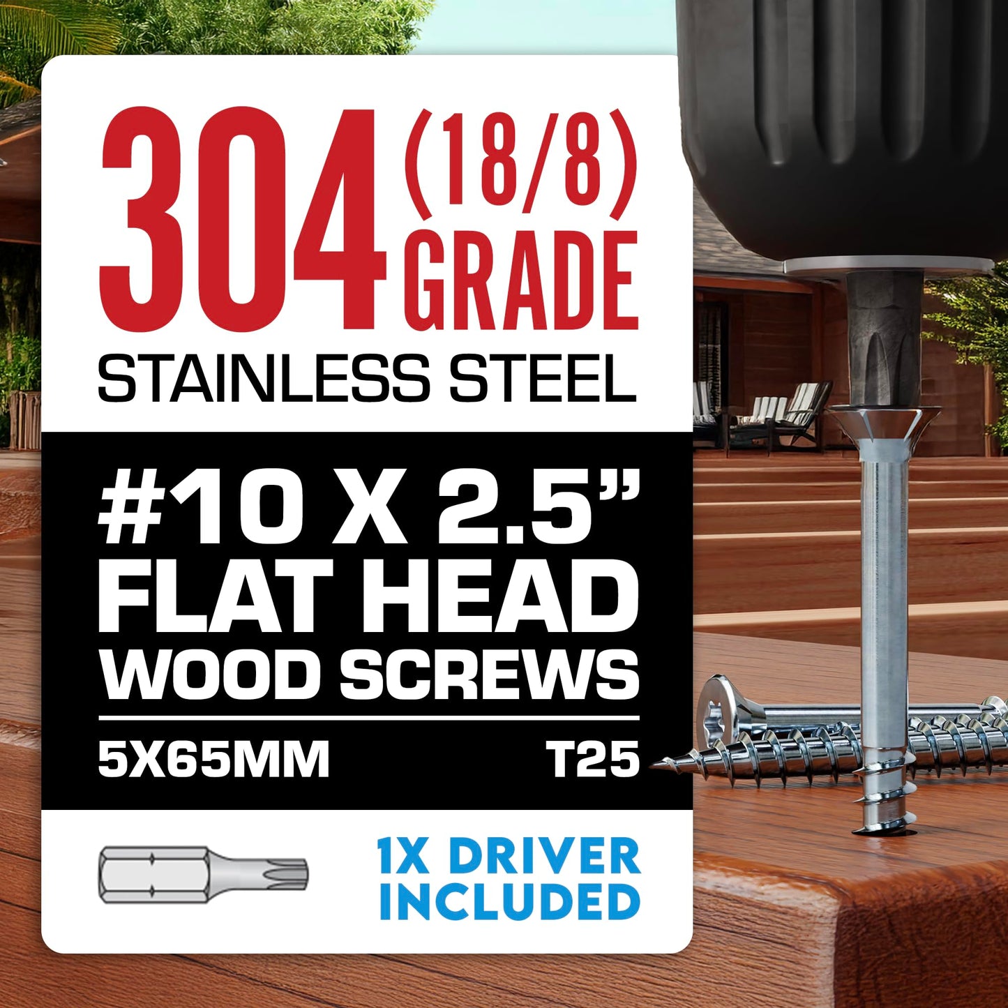 #10 X 2 1/2 Inch Stainless Steel Deck Screws 350 Pieces | T25 Star Torx Drive Flat Head | Stainless Steel Screws for Decks, Docks, Fencing or General Outdoor Construction and Home Improvement Projects