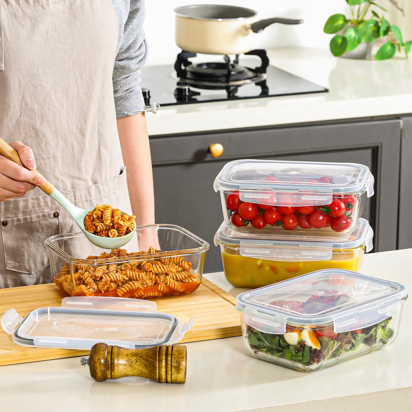 Snuvid 4 Pack 8 Cups/ 63oz Large Glass Storage Containers with Lids, Meal Prep Containers, Glass Food Storage with Airtight Lid for Baking, Leak Proof & Microwave, Oven Safe (4 Containers + 4 Lids)