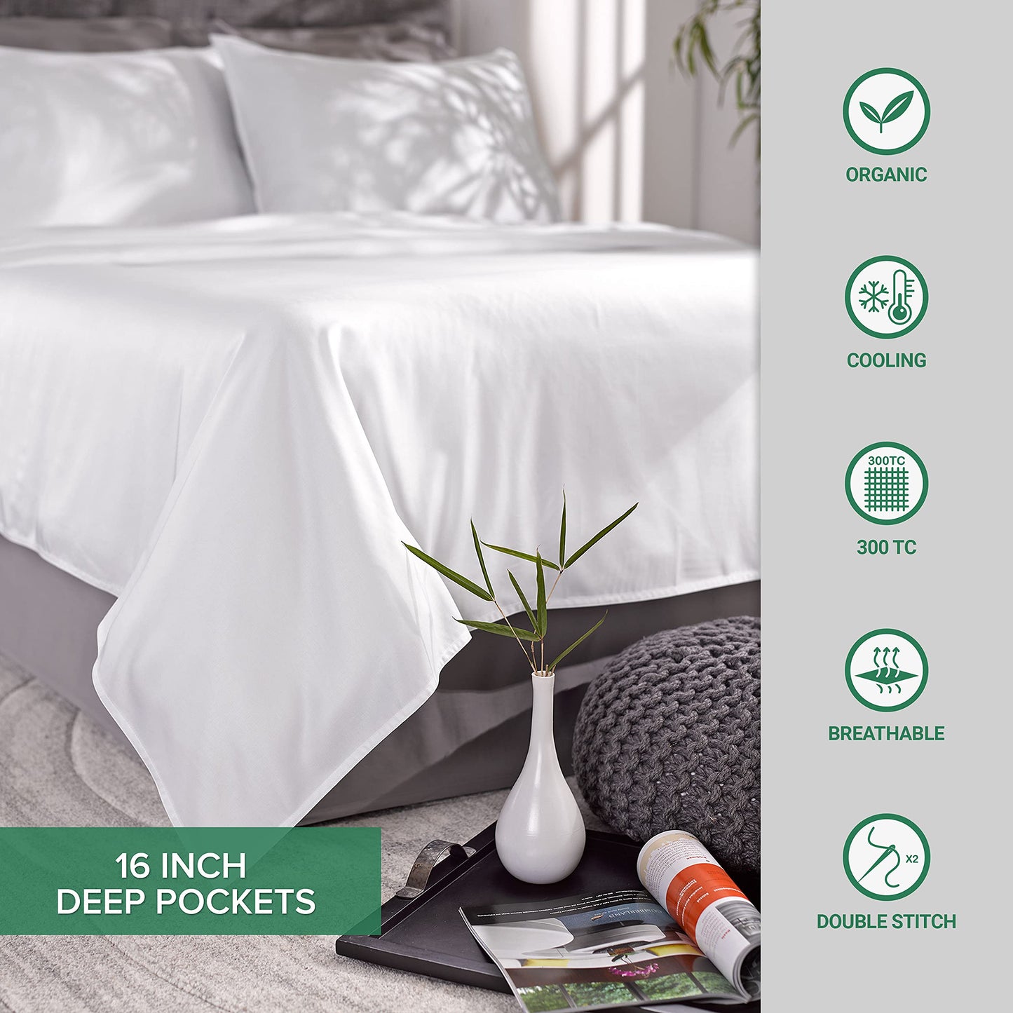 Queen Pillowcases by Pure Bamboo, Genuine 100% Organic Viscose Derived from Bamboo, Luxuriously Soft & Cooling, Double Stitching, Envelope Closure (2 Queen Pillowcases, White)
