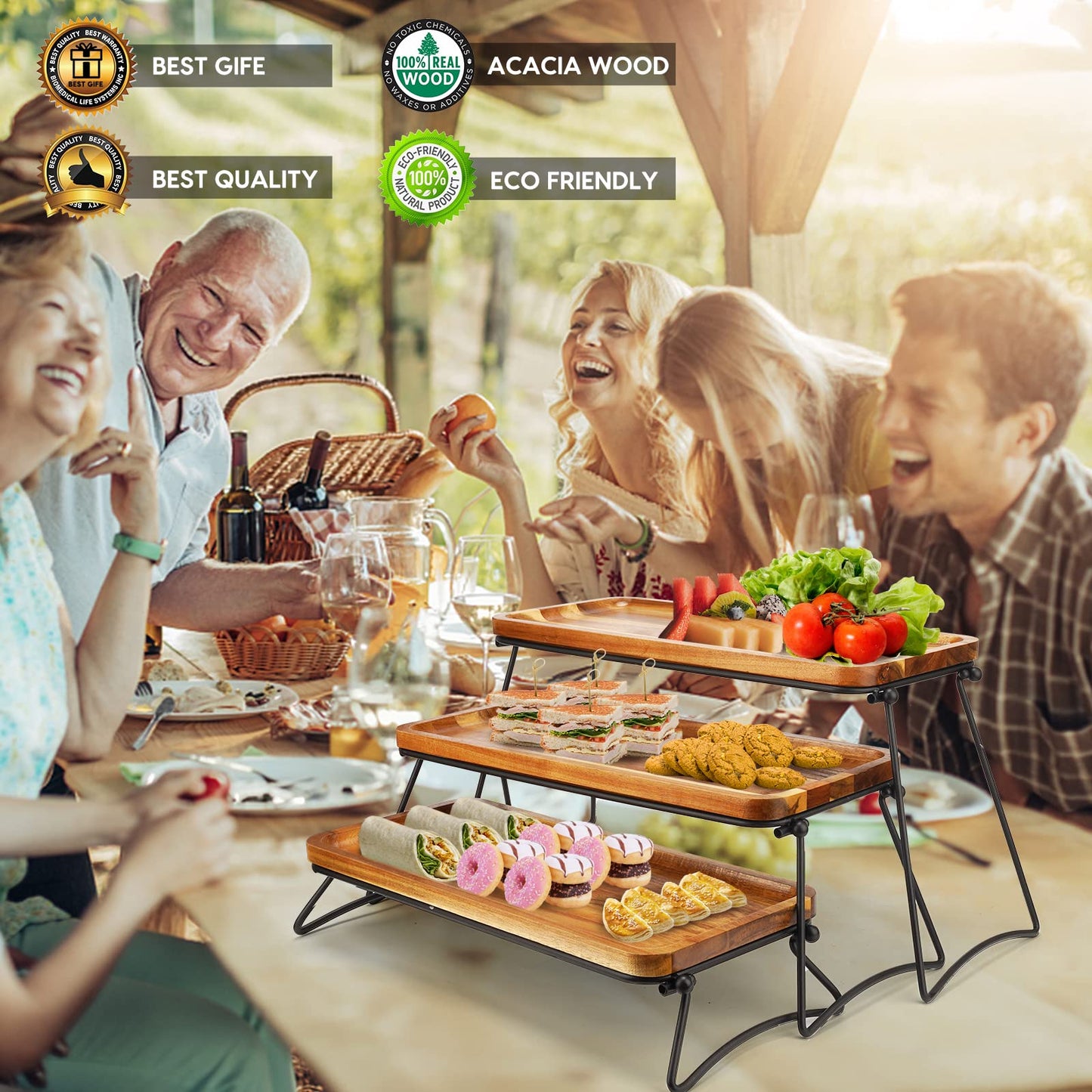 Manspdier 3 Tier Cupcake Stand & Towers Serving Tray for Party, Acacia Wooden Dessert Table Display Set, Decorative Tiered Decor Small Chees Charcuterie Boards Rustic Wood Platters Trays, (A010)