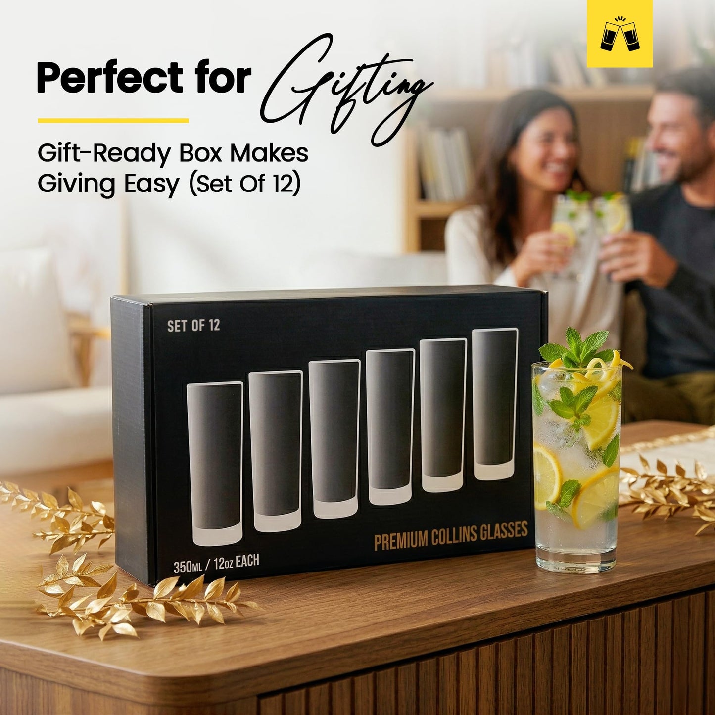 LEMONSODA Highball Glasses Set of 6 | 12oz Lead-Free Glass | Dishwasher Safe Sturdy Base | Clear Crystal Glass Tumblers for Mojito Whiskey Cocktail Bar Glassware Gift Box Included