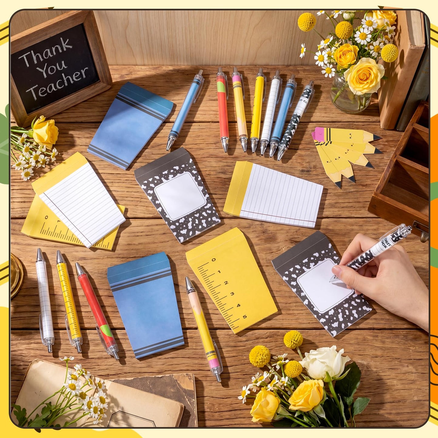 Landhoow 6 Sets Teacher Appreciation Gifts Hard Sided Clear Zipper Case Scroll Pen Sticky Notes Double-Sided Hang Tag Ribbon Measuring Tape for Back to School Gifts Graduation Party Favors
