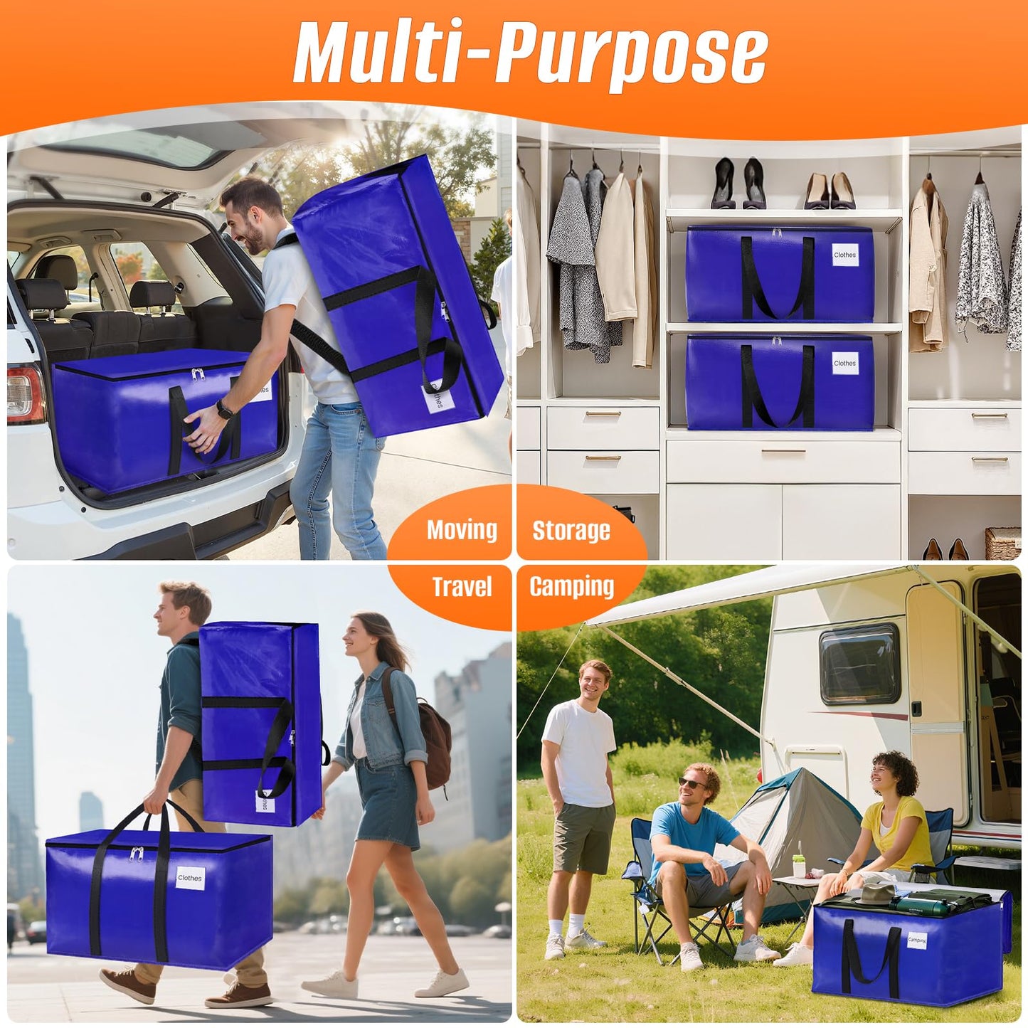 FabSpace 8-Pack Moving Bags with Backpack Straps & Carry Handles, 25 Gallons-93 L Heavy Duty Storage Totes for Space Saving, Foldable Storage Bags for College Dorm, Travel, Camping (Blue)