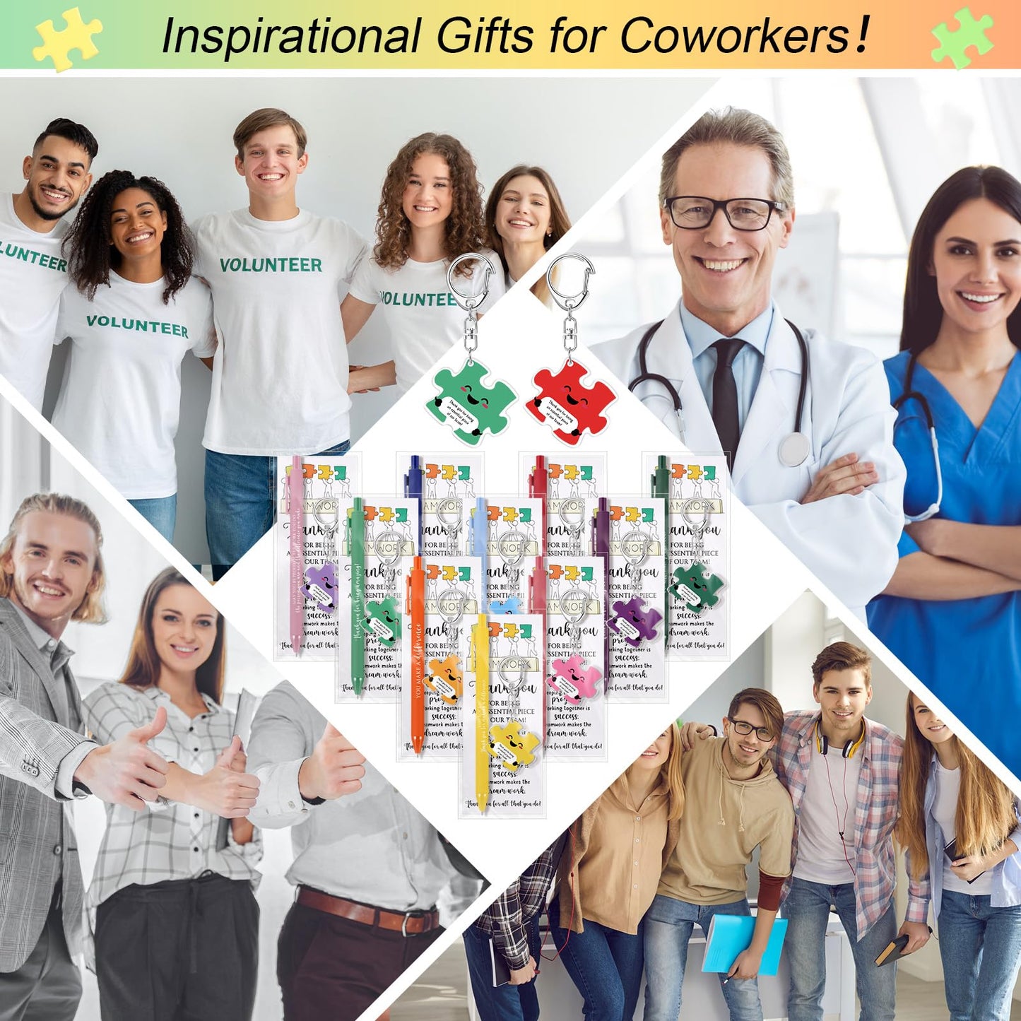 Dunzoom 60 Set CNA Week Gifts Bulk 2026 End of Year Graduation Gifts for Nursing Assistant Teacher Office Staff Employee Appreciation Team Puzzle Keychains & Thank You Pens (Thank You)