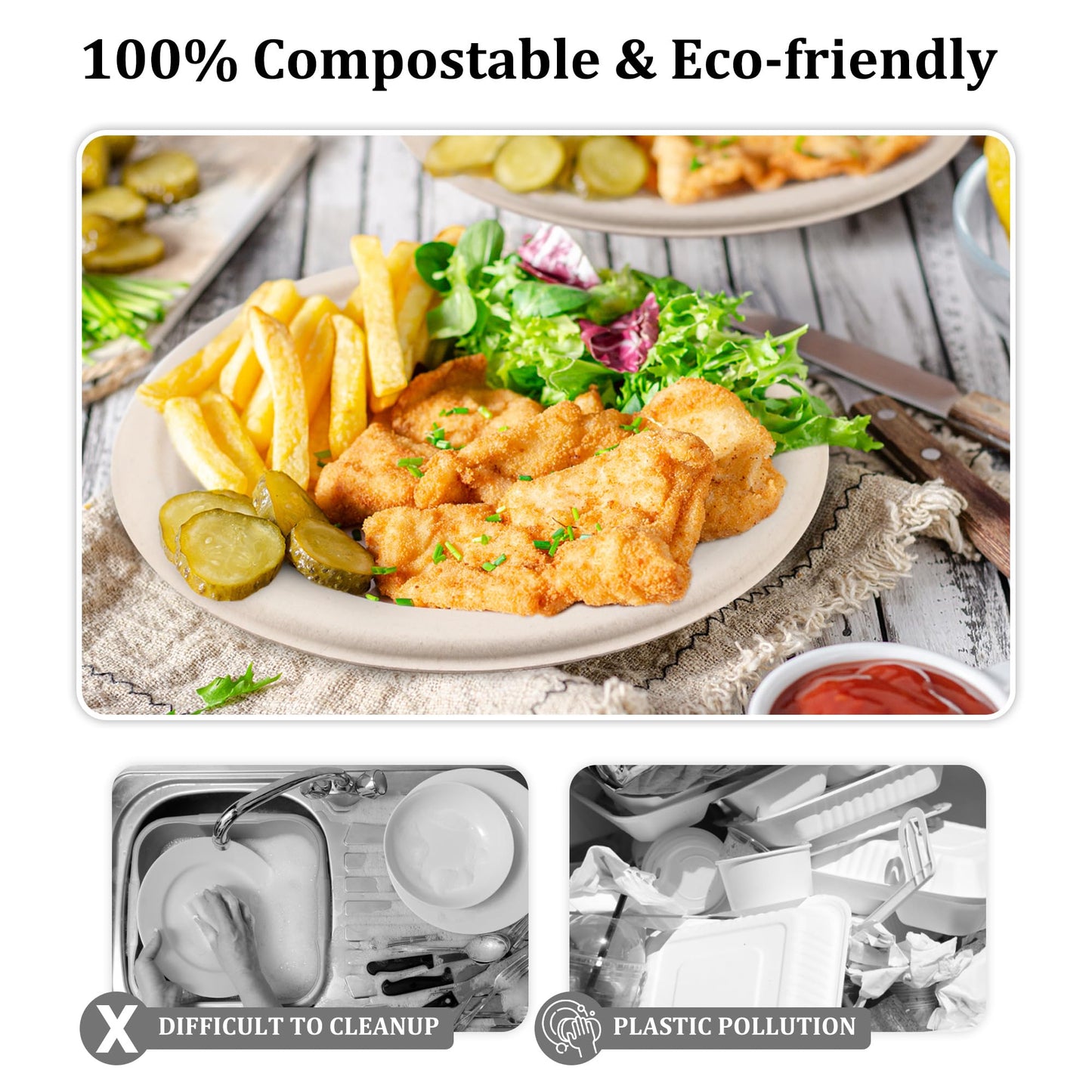 FEHHTO Compostable Paper Plates Set, 250PCS Disposable Heavy-Duty Sugarcane Plate and Eco-Friendly Utensil Biodegradable Dinnerware Plates, Extra Long Forks & Knives & Spoons for Party