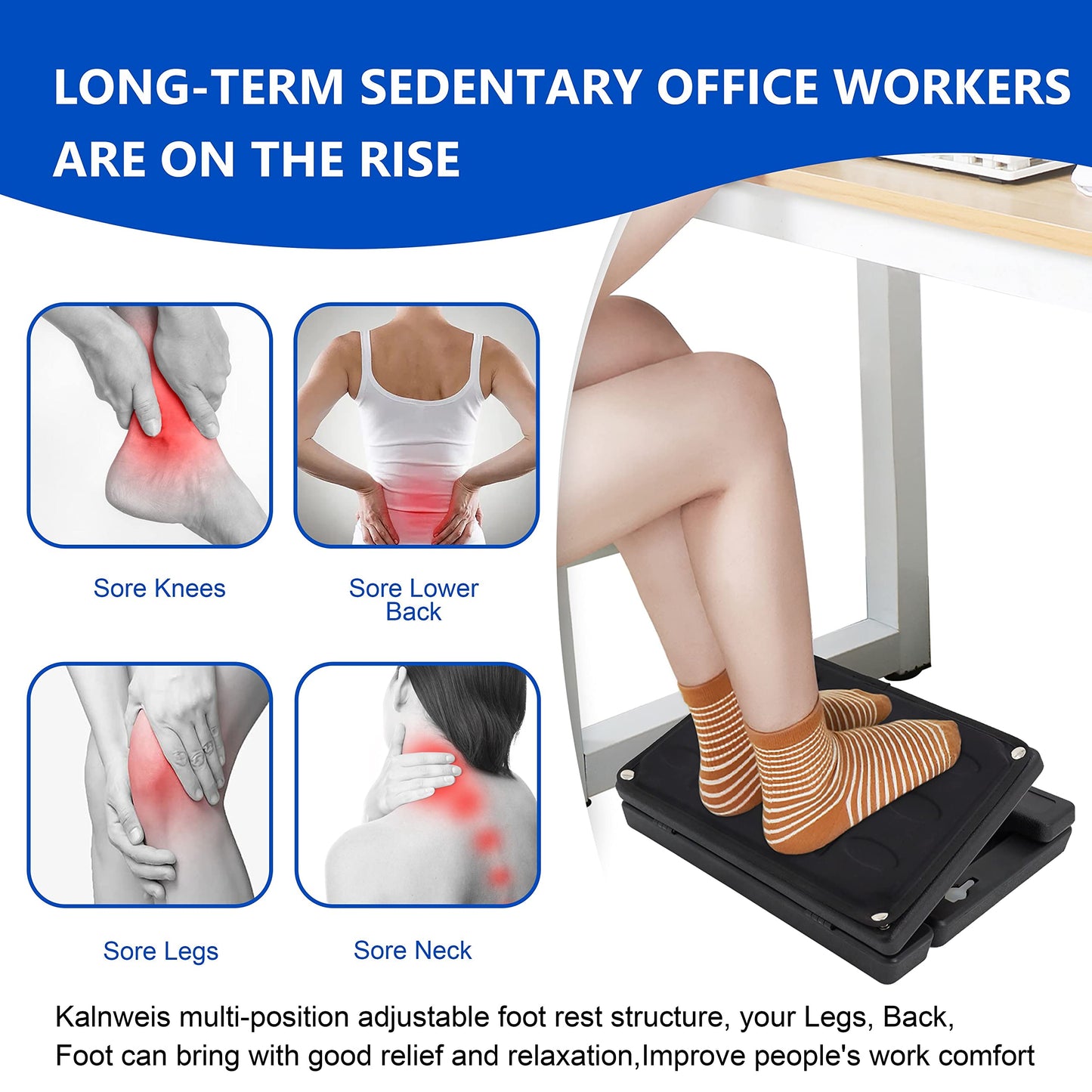 Kalnweis Under Desk Footrest - Detachable Memory Foam Cushion & Massage Roller, Tool-Free Height & Angle Adjustable Foot Stool, Ergonomic Leg Rest for Office, Home & Gaming Comfort, (Black Plus)