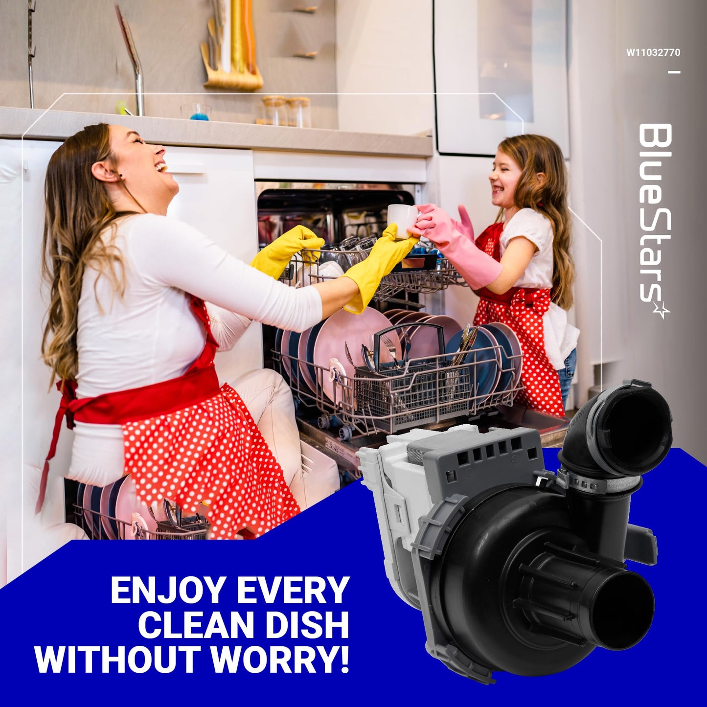 BlueStars W11032770 Dishwasher Circulation Pump Motor Assembly - Compatible with Whirlpool Kenmore KitchenAid Dishwashers - Replace WPW10529163 W10529163 W10885542 W10864037 W10816492