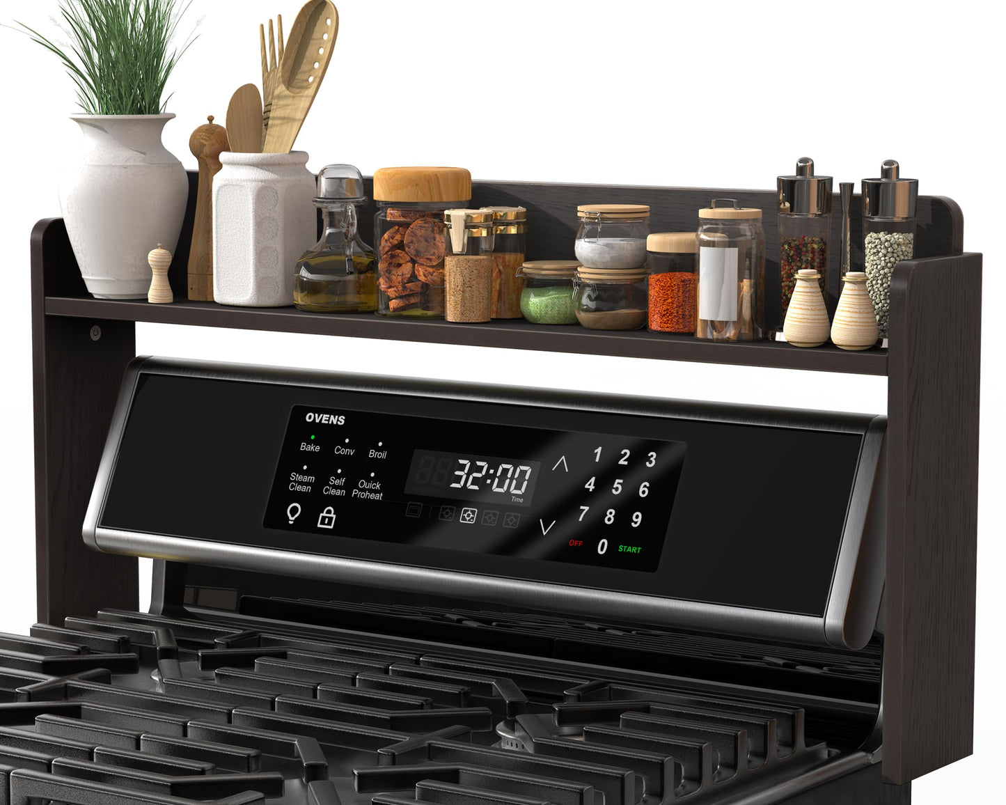 MyLifeUNIT Over The Stove Shelf, 31.5" Wood Stove Top Shelf for Back of Gas Stove, Electric Stove or Curved Stove Spice Rack Shelf for Countertop, Black