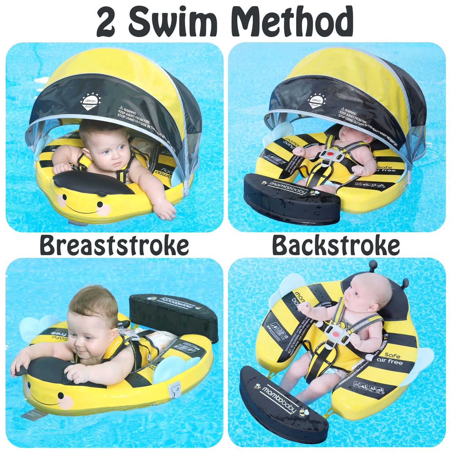 Mambobaby Float Add Tail Baby Swim Float with Canopy Solid Pool Infant Swim Trainer Swimming Training Lying Air Free Water Floats Non-Inflatable Waist Swim Ring for Toddlers (Bee)