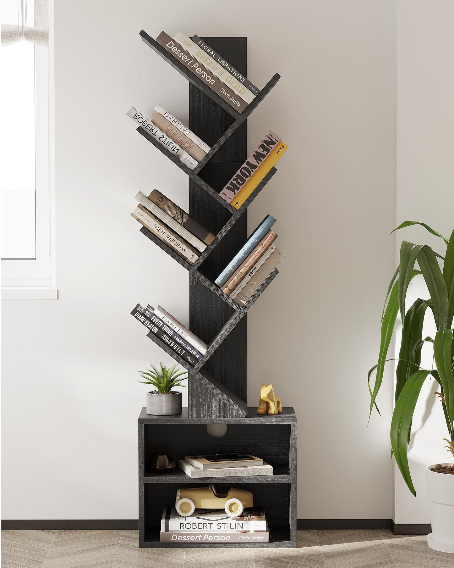 SUNMORY 6 Tier Tree Bookshelf, Small Bookcase with Storage Cabinet, Modern Narrow Bookshelves Organizer, Floor Standing Book Shelf for Bedroom/Living Room/Home Office/Corner, Black
