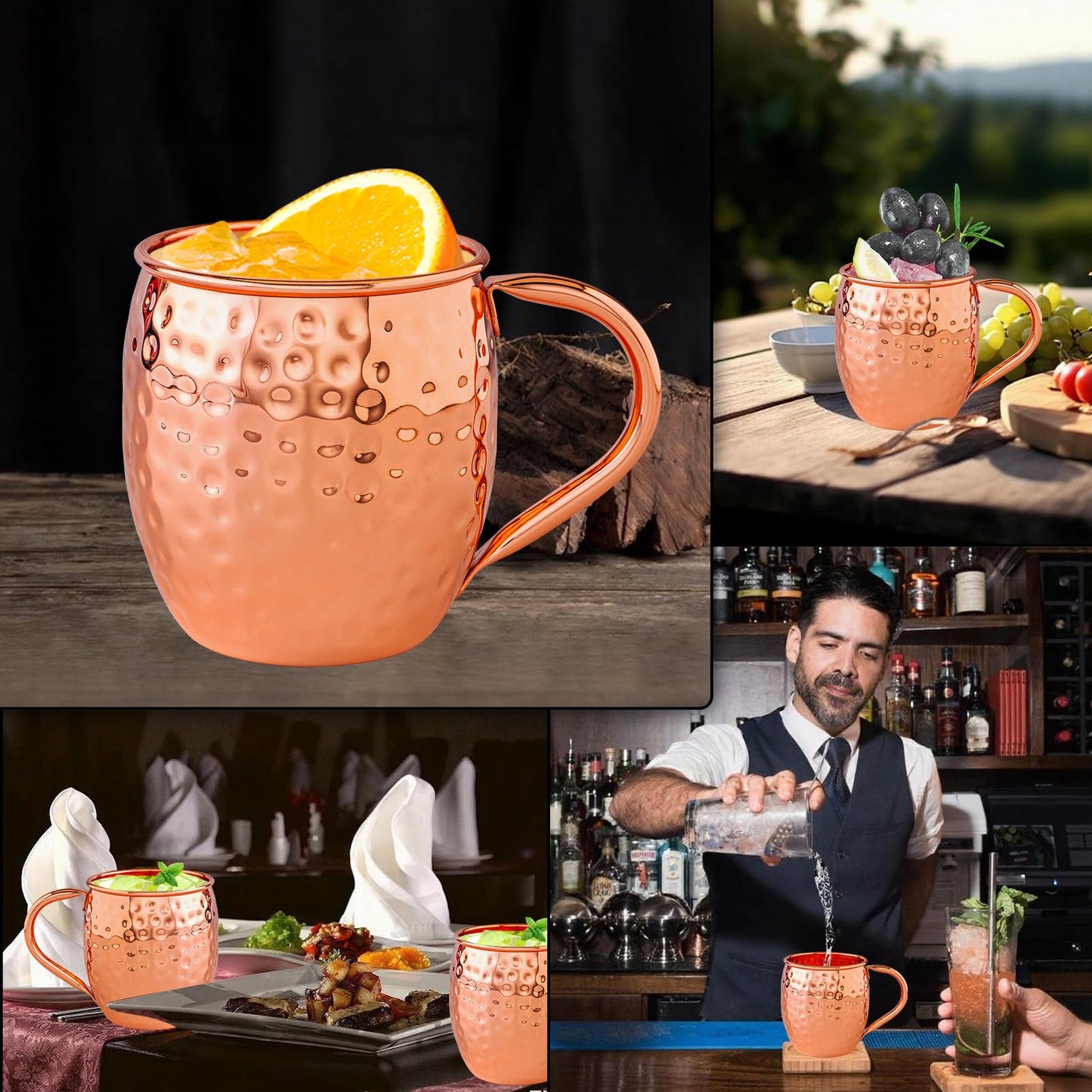 UNISWEET Moscow Mule Copper Mugs-100% Pure Copper Handmade, Classic Welding Handles, 16oz for Drinking, Premium Moscow Mule Copper Cups Set of 4 for Cold Drinks Cocktail Beer Wine Party Bar