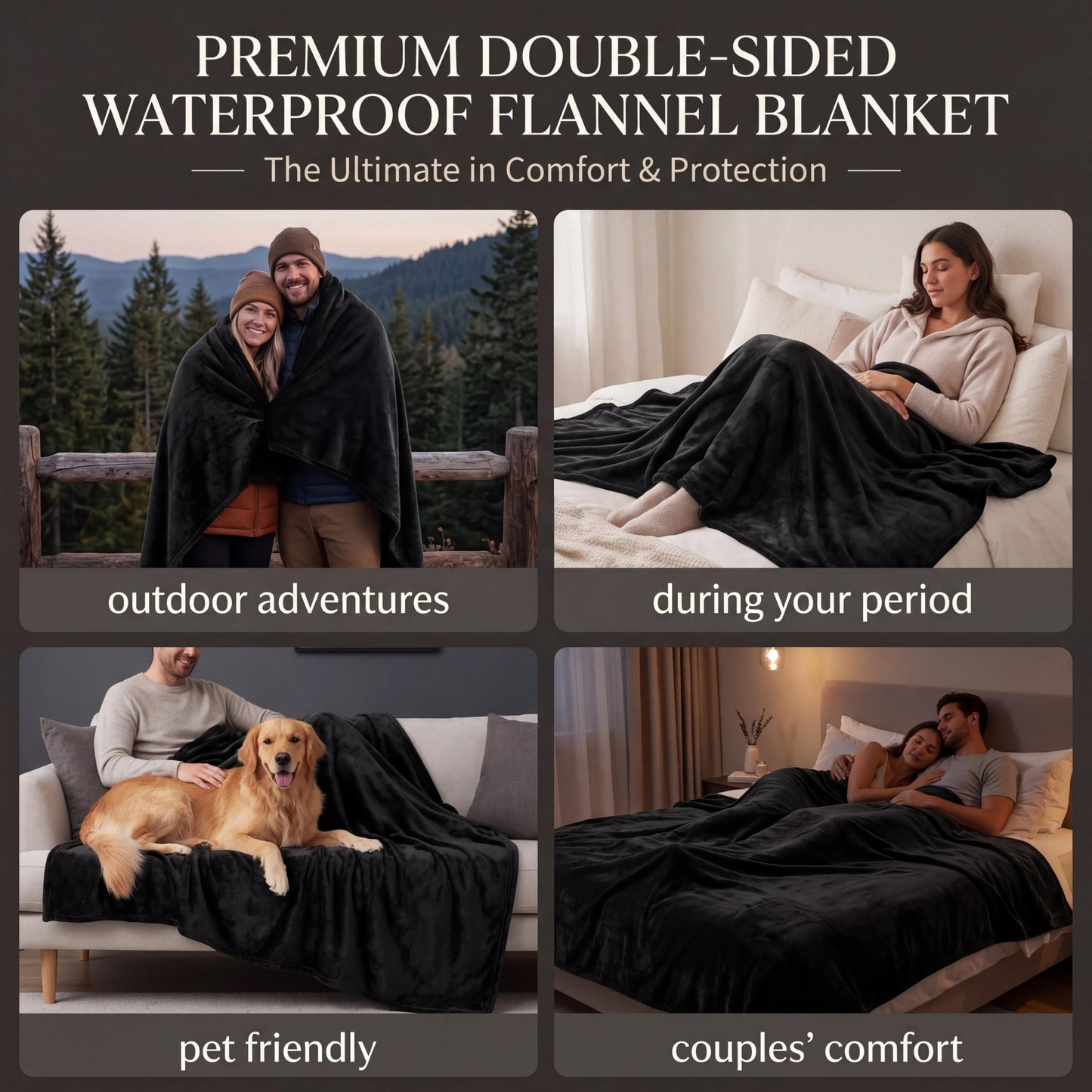 Waterproof Blanket for Bed - 82" x 82" King Size Water Proof and Stain Resistant Bed Protector for Couples, Flannel Moisture Absorbent, Machine Washable, Liquid-Resistant Throw Blanket, Black