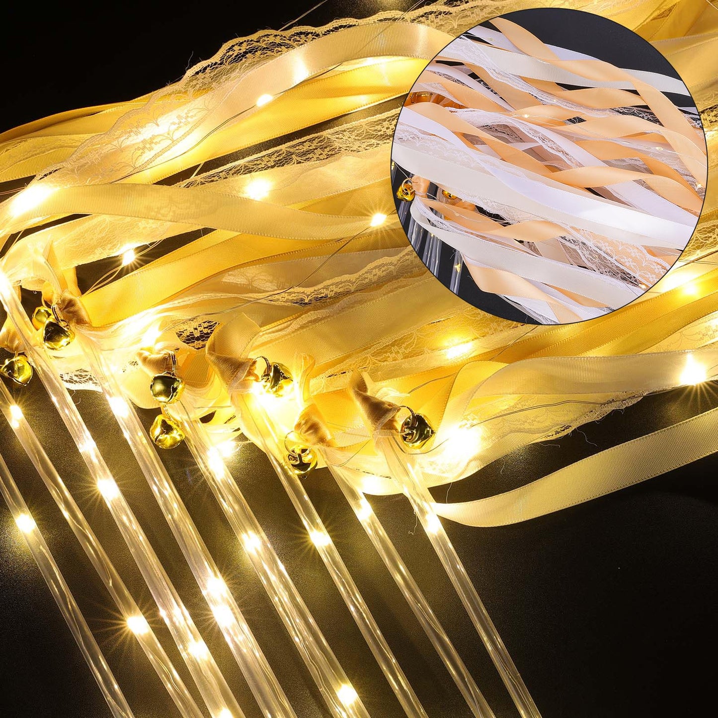 100 Pcs Wedding Wands Ribbon Streamers with 3 Colorful Flashing Modes, Light up LED Silk Fairy Wands, Glow Lace Stick with Bells for Wedding Reception, Graduation, New Year, Birthday Party (Champagne)