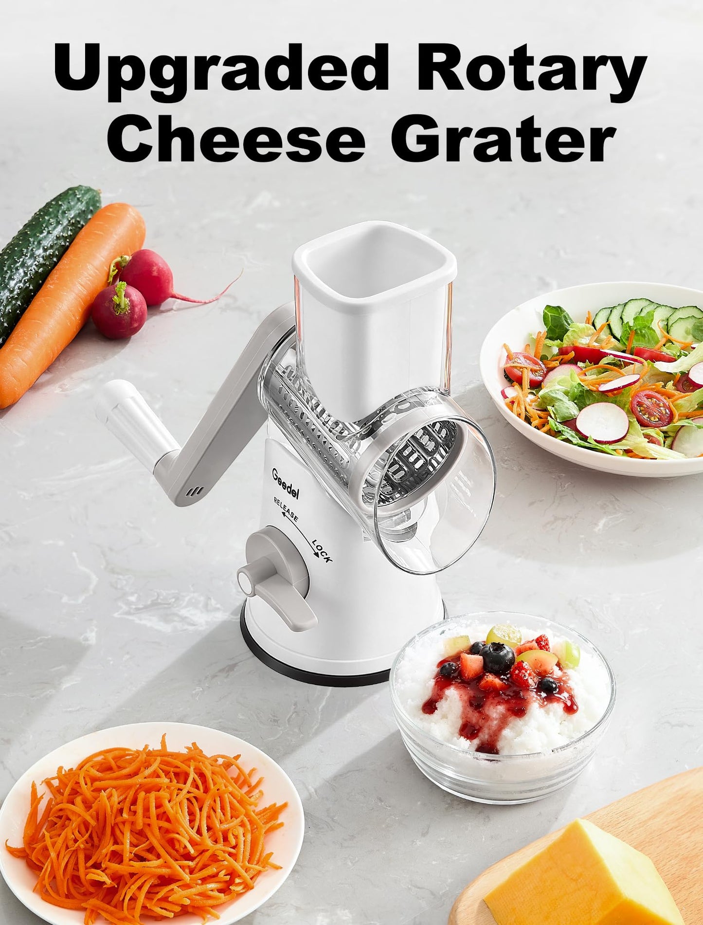 Geedel Rotary Cheese Grater Vegetable Shredder With 6 Interchangeable Blades No Slip Suction Base, Mandoline Slicer & Food Chopper for Cheese, Ice, Nuts, Vegetables, Veggie