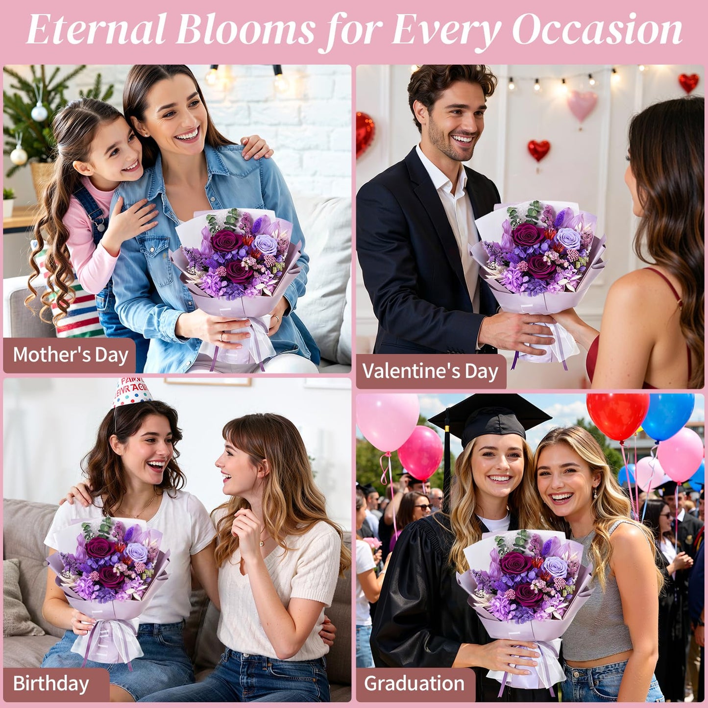 Lewondr Flower for Delivery, Preserved Flowers Bouquet, Purple Roses Bouquet, Real Long-Lasting Forever Birthday Flowers Gifts for Mom Grandma Women Mothers Day Anniversary Christmas, Purple