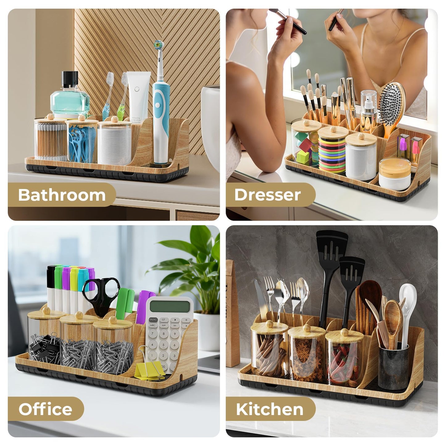 PARKMANI Bathroom Counter Organizer, Bathrooms Toothbrush Holder Set with 3 PCS Qtip Holder, Kids Electric Toothbrush and Toothpaste Holder Organizer Drainage for Bathroom Accessories (Wood Grain)