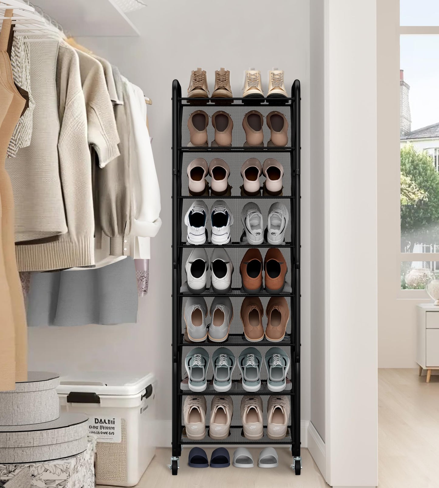 STO STO 8-Tier Narrow Shoe Rack with Lockable Wheels, Double-Sided Vinyl Mesh Shelf Shoe Organizer for Up to 30 Pairs, Slim Space Saving Metal Rolling Shoe Storage for Entryway, Closet, Hallway