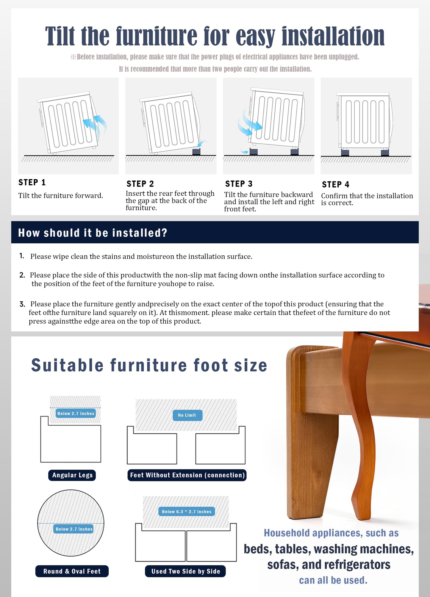 EclatBain Bed Risers Furniture Risers Heavy-Duty Rectangular Adjustable Block 8 Pack Lift to 3 inches and 4.3 inches Desk, Sofa, Chair Legs, Refrigerator, Washing Machine Support up to 4000 pounds