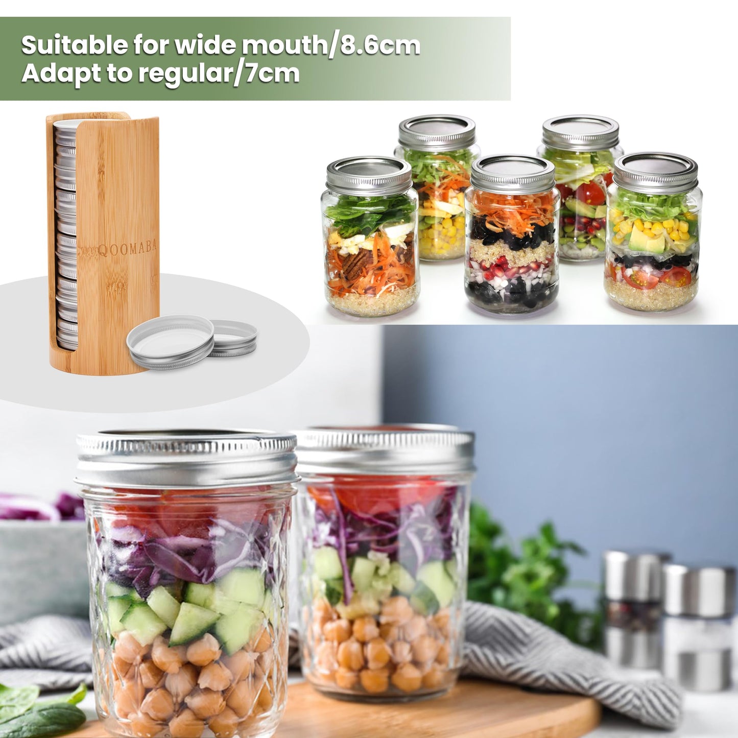 QOOMABA Mason Jar Lid Organizer (2pcs), Mason Jar Lid Storage Made of Bamboo, Suitable for Mason/Canning/Bamboo Lids(WIDE/REGULAR), Fit Perfectly, Stackable Steady