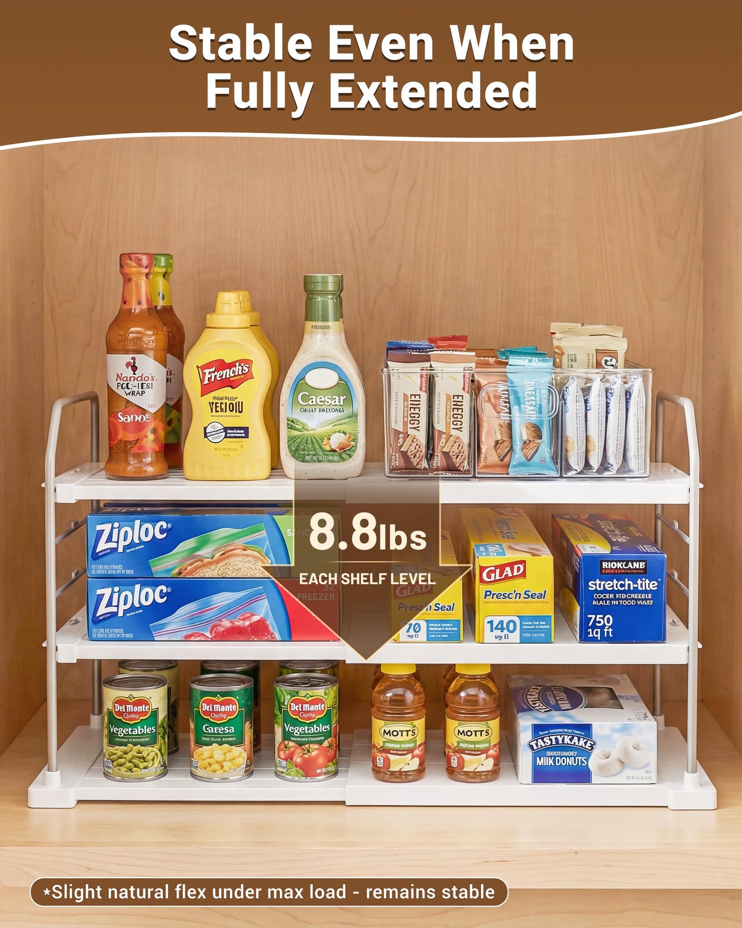 EVERIE Extendable 3-Tier Kitchen Cabinet & Pantry Organizer for Plastic Wrap, Foil & Storage Bags, Adjustable Heavy Duty Shelf Rack for Wrap Boxes, Jars & Snack Boxes (11–16.7 in Wide), Pack of 1