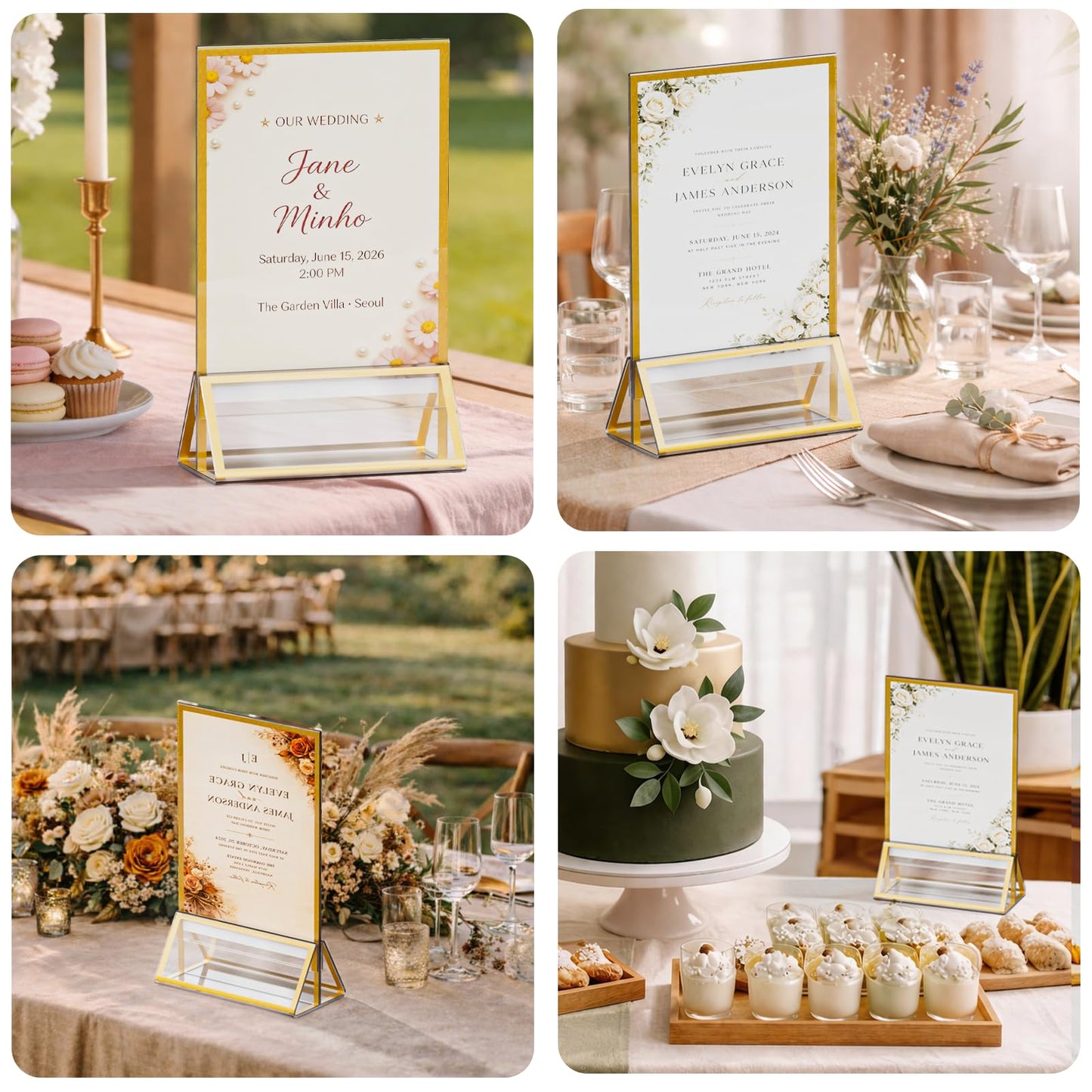 OUKMIC 5"x7" Acrylic Sign Holder with Gold Frame, Double Sided Vertical Display Stand, Clear Tabletop Sign Holders, Menu Flyer Picture Paper Table Numbers Stand for Wedding, Party, Restaurant-12 Pack
