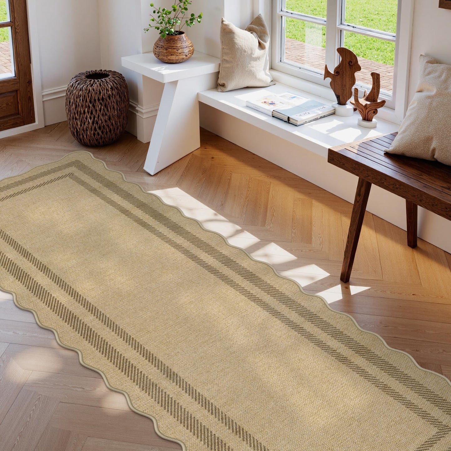 LIVEBOX Scalloped Washable 2x8 Kitchen Runner Rug, Easy Jute Geometric Tan Rugs for Hallway Runner Entryway, Indoor Outdoor Non Slip Rug Farmhouse Modern Carpet Door Mat for Porch Laundry Room