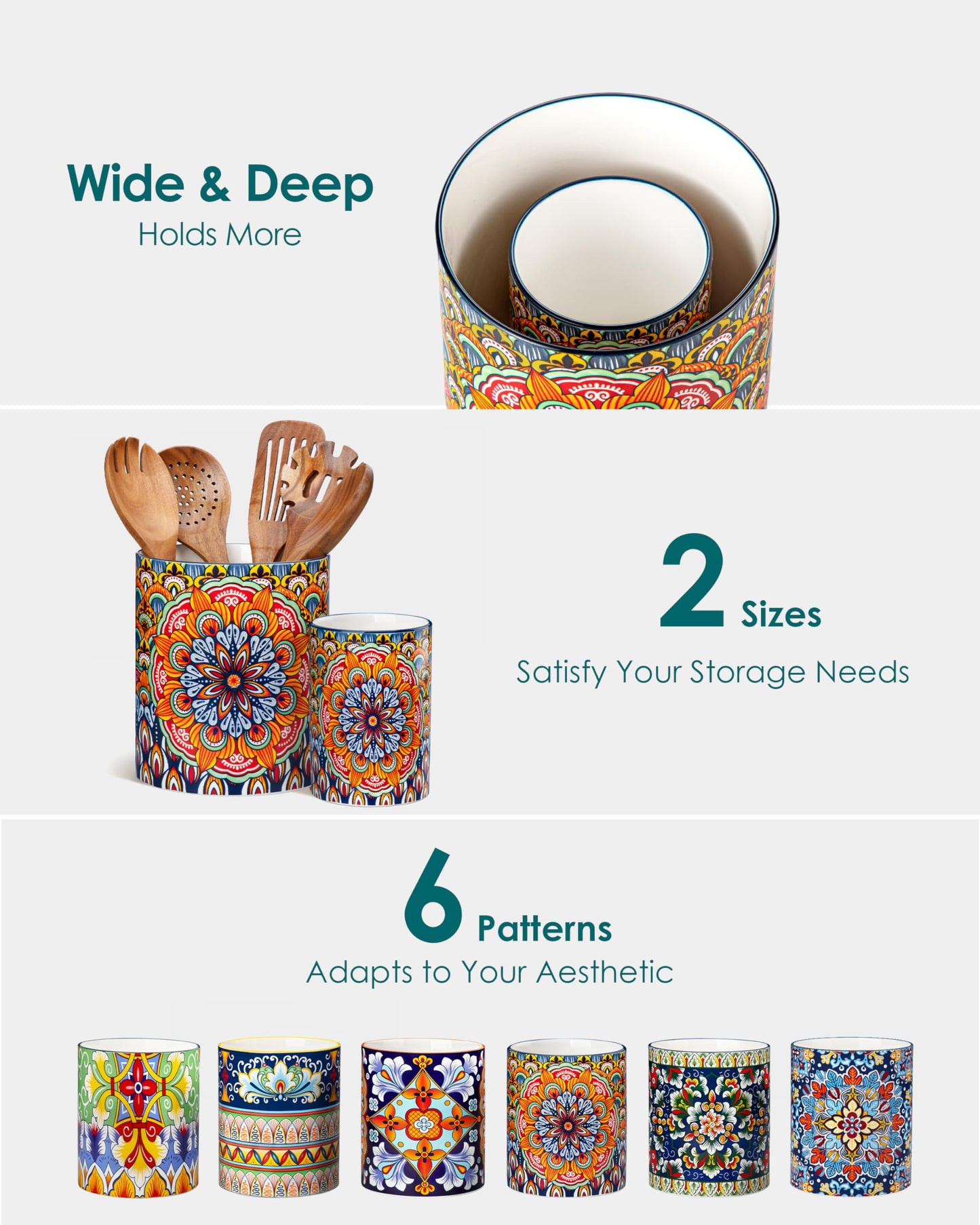 vancasso SIMI Utensil Holder, 7.3"+5.5" Porcelain Kitchen Utensil Holder for Countertop, Bohemian Kitchen Utensil Organizer for Spatulas, Spoons, Ladles, Decorative Counter Utensil Crock, Regal Bloom
