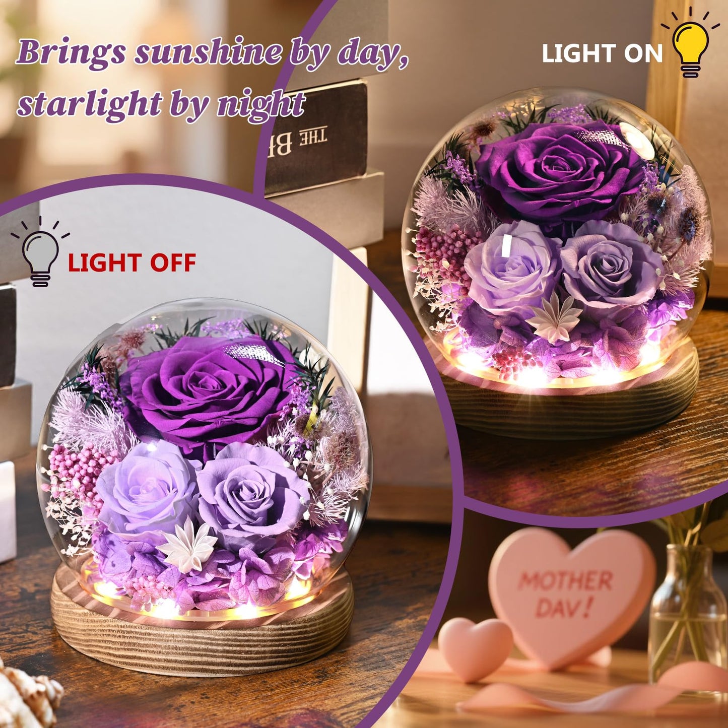 Waipfaru Flowers for Delivery Prime, Forever Fresh Preserved Flowers in Glass Dome, Eternal Purple Rose for Mother Birthday Gifts, Best for Women Girlfriend