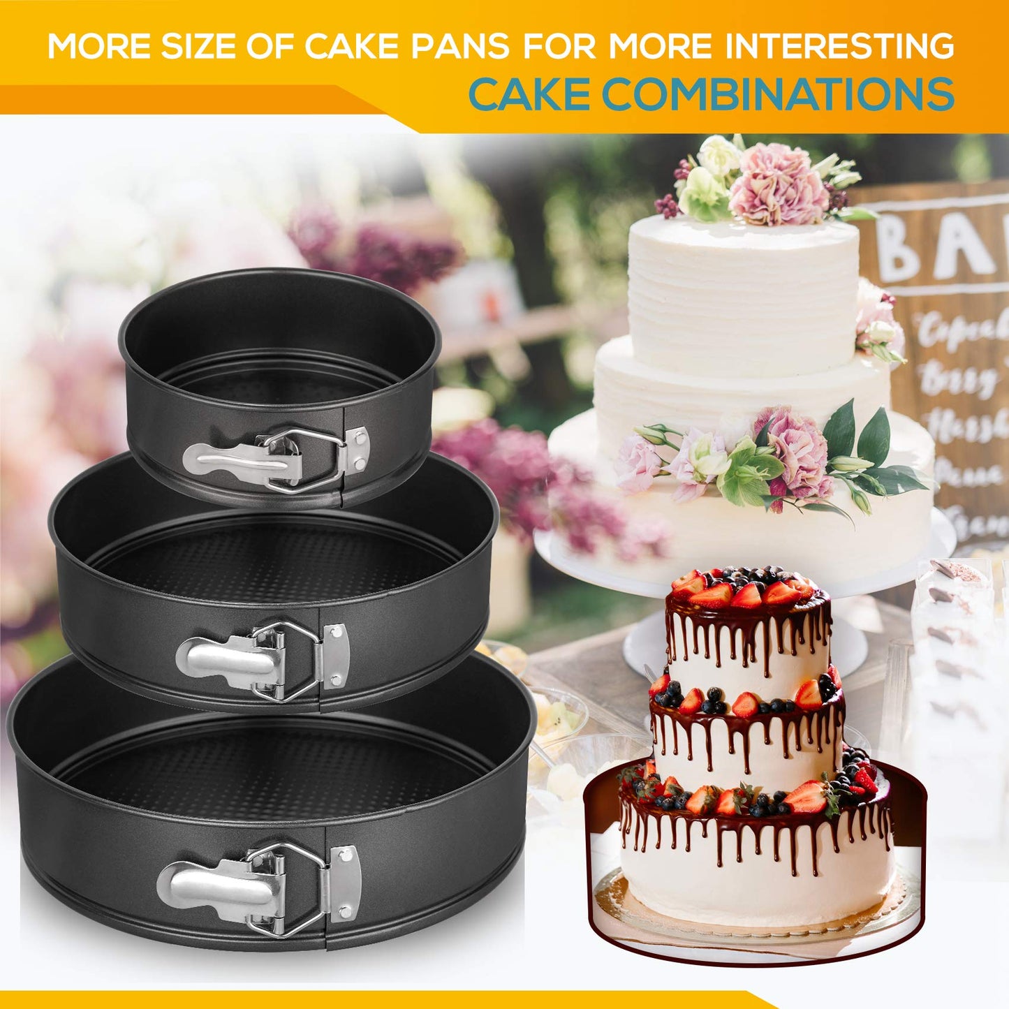 HIWARE Springform Pan Set of 3 Non-stick Leakproof Round Cake Pan Set Includes 3 Pieces 6" 8" 10"