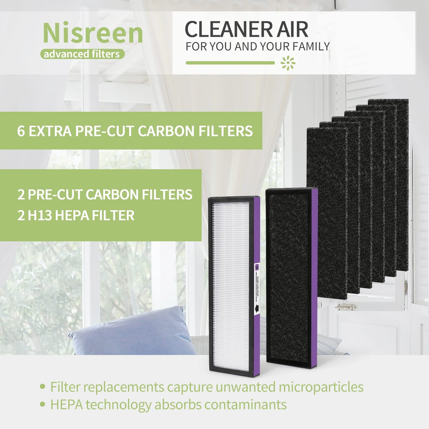 Nisreen FLT5250PT Replacement Filter Compatible with Germ-Guardian Filter C Pet HEPA Air Pu-rifier AC5250PT AC5000E AC5300B AC5350W AC5350B CDAP5500 and More, 2 HEPA and 6 Pre-Filters
