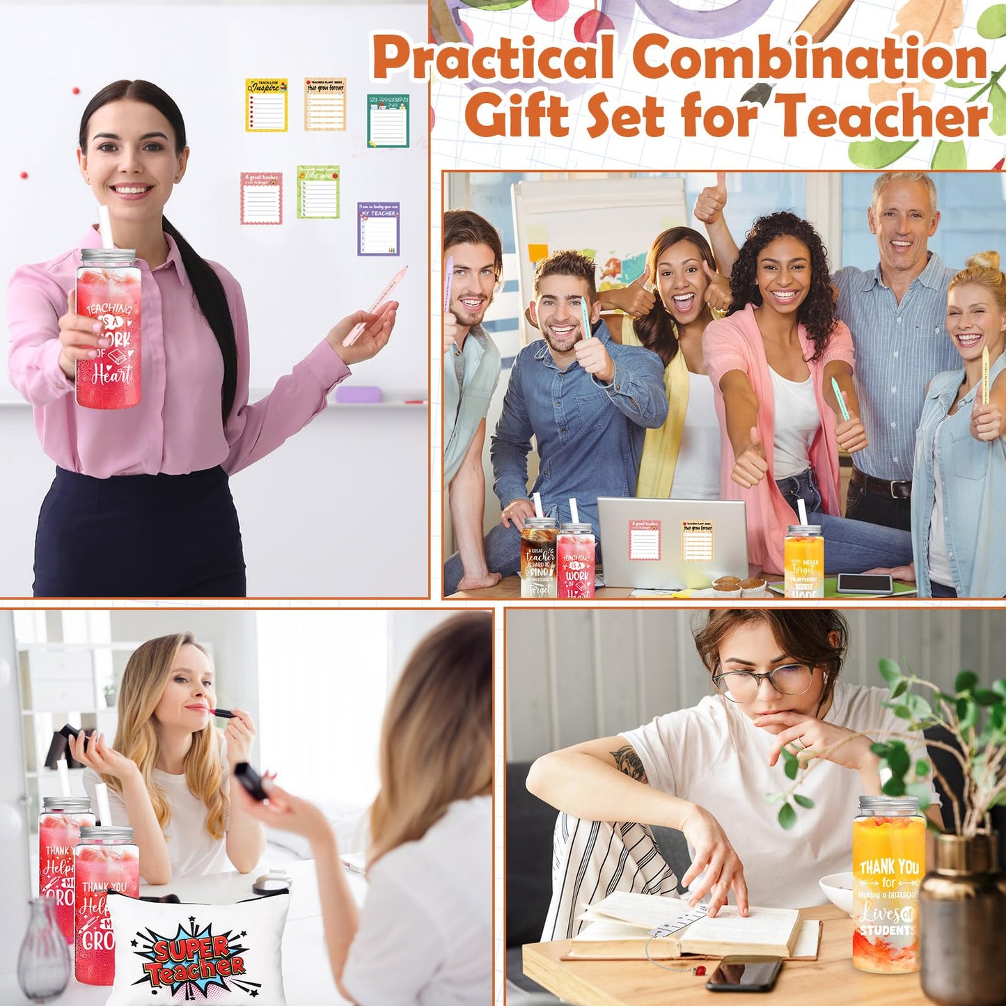 SiliFine 36 Pcs Teacher Appreciation Gift Set Back to School Best Teacher Gifts for Women 6 Set Thank You Tumbler with Lids Straws Makeup Bags Ballpoints Sticky Notepads Bookmark Pendant