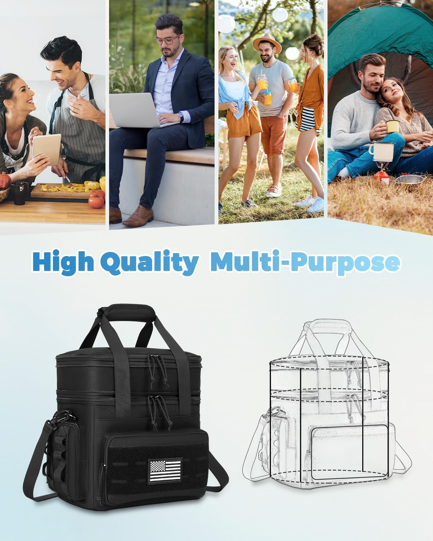 holuxer Tactical Lunch Bag & Lunch Box for Men - Large Double Deck Expandable Insulated Soft Adult Lunchbox for Work - Cooler Bag for Beach, Picnic, Camping,Outdoor,Travel (Black,16L)